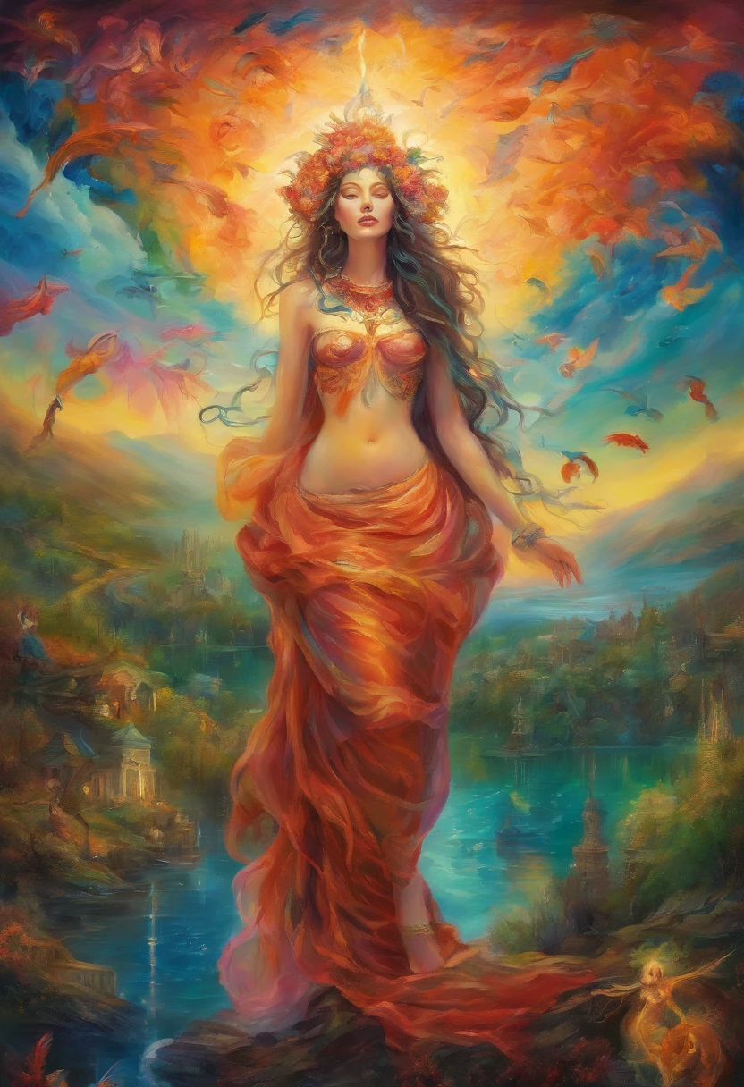 The prompt for the given theme would be:

"arcane goddess, lush nature, barefooted, giant),(Invading, Cityscape),(Detailed face and expression),oil painting,ultra-detailed,high resolution, vivid colors,soft lighting,Mythology"