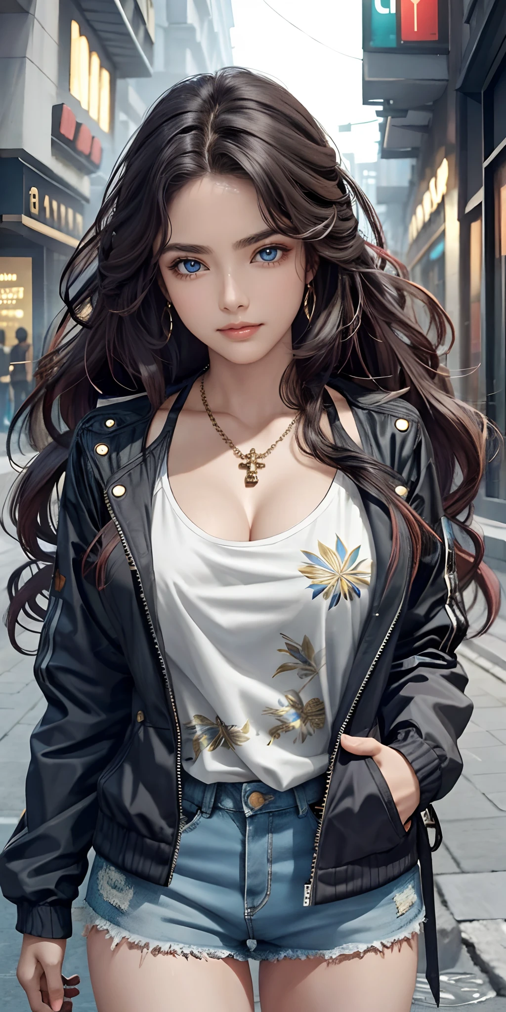 best quality, a beautiful woman, long wavy hair, printed halterneck top, necklace, jacket, short shorts, perfect slim fit body, large breasts, cyber city streets, realism, elaborate details, evening