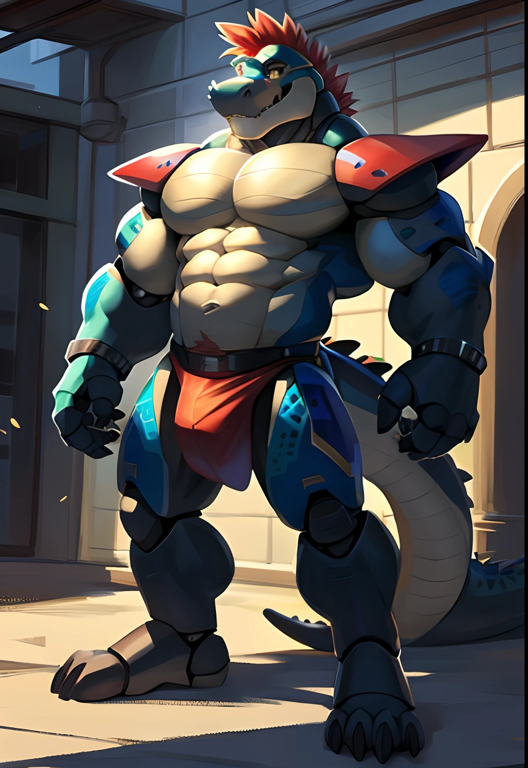 NJ5FURRY, master part, melhor qualidade, high resolution, pintura digital \(Artwork\), por (Por Canyne Khai, (por takemoto arashi), por null-ghost, por Kiyosan, por milkytiger1145), Montgomerygator, Mecha, animatronic, Joints, robot joints, Robot, non-humanoid robot, sozinho, 1antro macho, , Scalie, alligator, moicano vermelho, star sunglasses, cauda de crocodilo, Standing, na cobertura, Trilhos, sem camisa , corpo musculoso, wristwatch, Luvas, luvas sem dedos, , de cueca roxa Olhos detalhados, olhos vermelhos, olhos brilhantes, olhos brilhantes, Sombras, sorriso, Sorrindo, shining light particles, light particles, Bolhas brilhantes, nuvem, Sombras, ao ar livre, courtyard, Background Story, Tarde, sunlight, raios solares, brilhante, Estrelas, estrelas cadentes, heaven, nuvem, nuvens detalhadas, reflexos da lente.