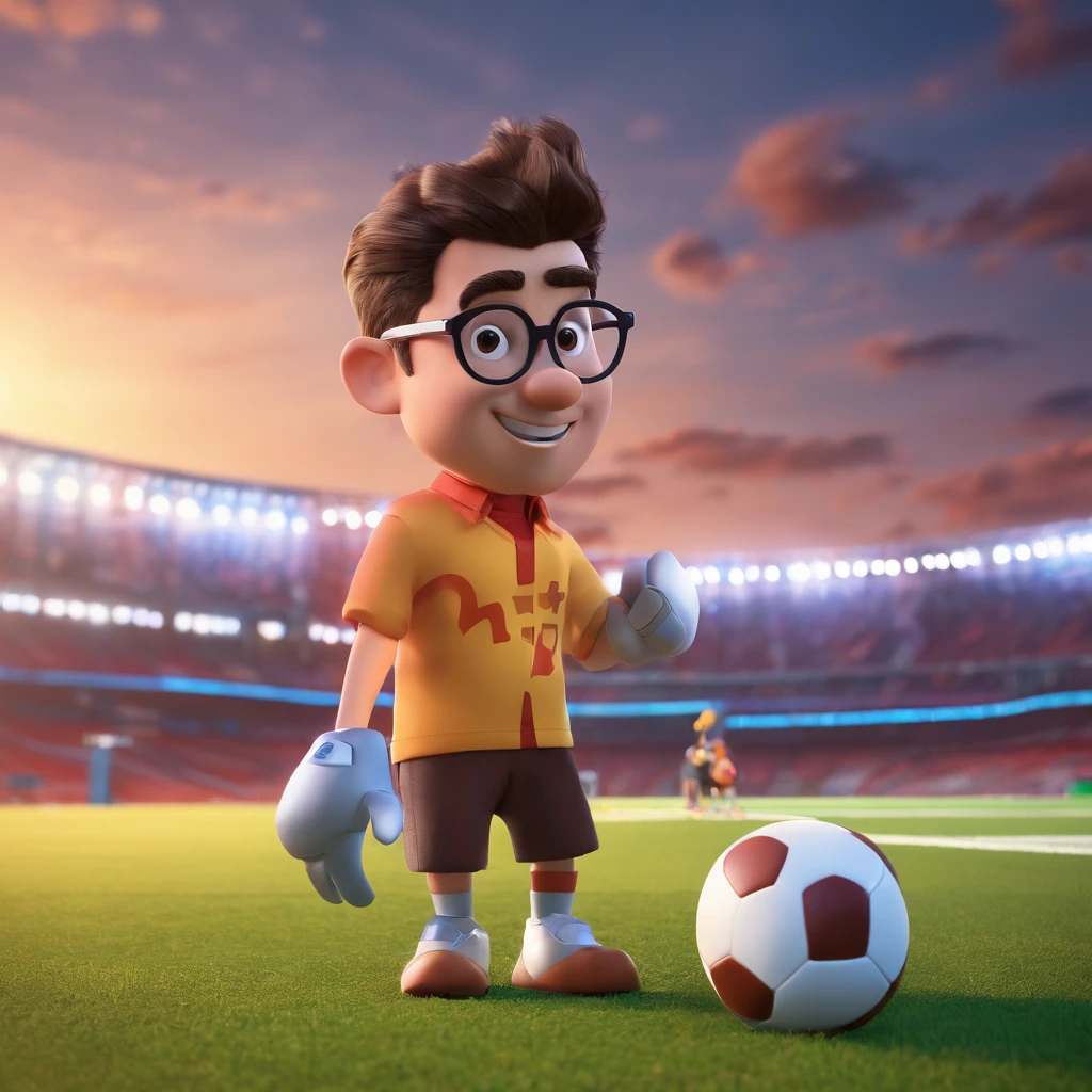 Man, with glasses, using a camera in his hand, on the football field, Disney Pixar 3D cartoon