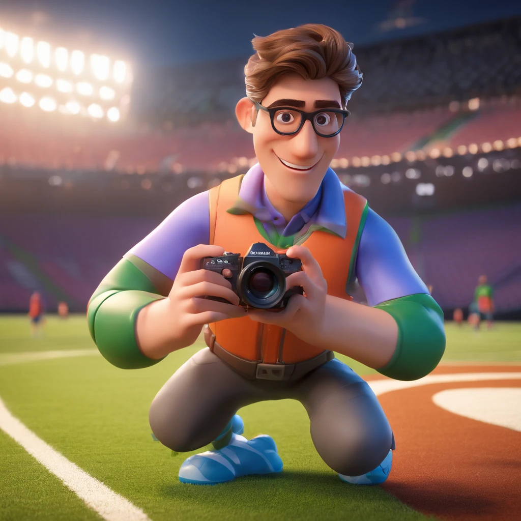 Man, with glasses, using a camera in his hand, on the football field, Disney Pixar 3D cartoon