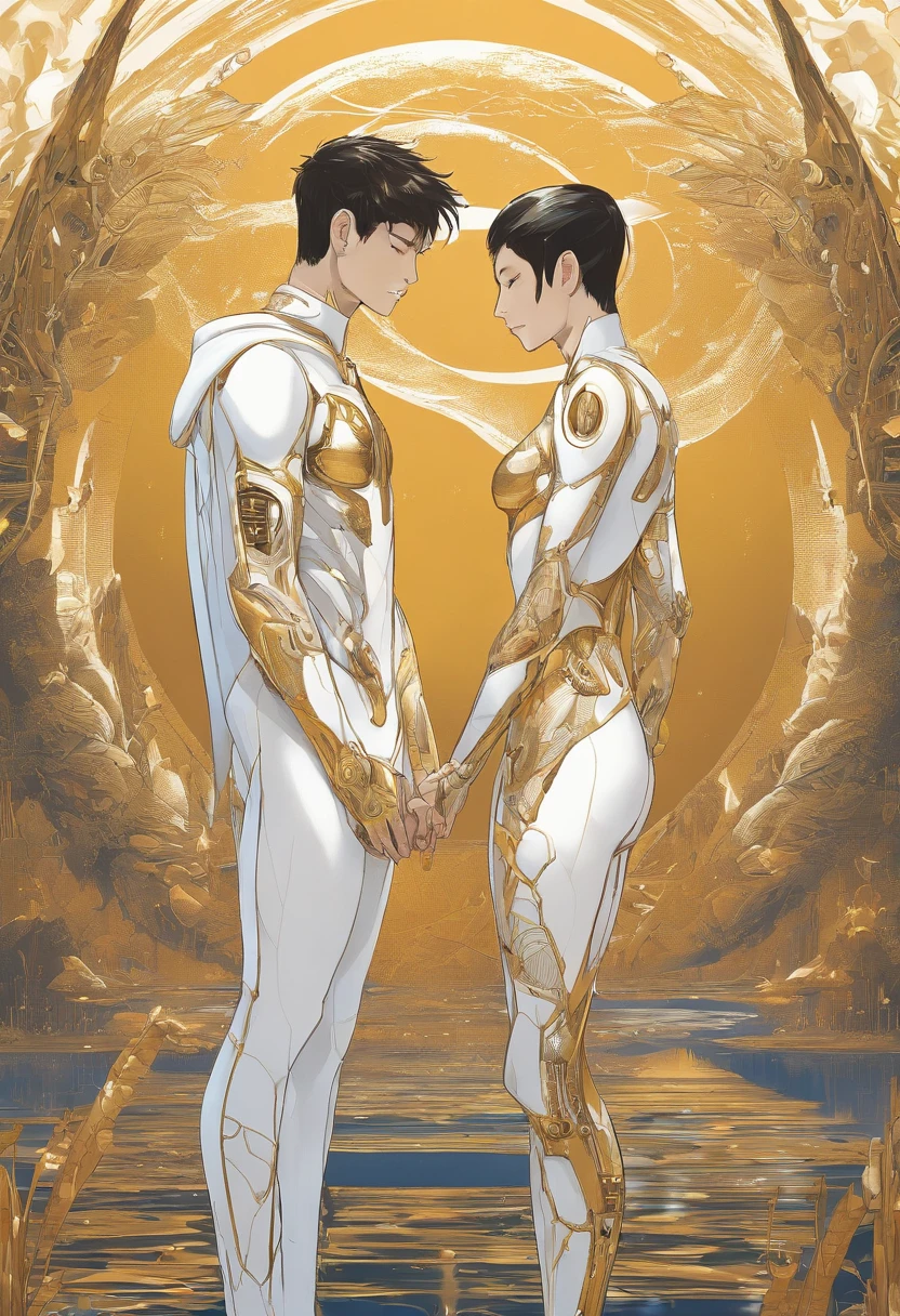 2boys kissing and embracing, masterpiece, best quality, slim lean boys young adults standing shirtless in a tranquil pool surrounded with water lilies and reeds. The men are muscular lean slim and well built, with defined muscles. The men are wearing white linen loincloth which have intricate gold embroidery. (narrow loincloth:1.0). Exposed thighs and legs. They are wearing gold armbands on their arms, gold leg bands on their thighs, gold anklets on their ankles, gold bracelets, and gold necklaces. The men are wearing a single ear cuff.