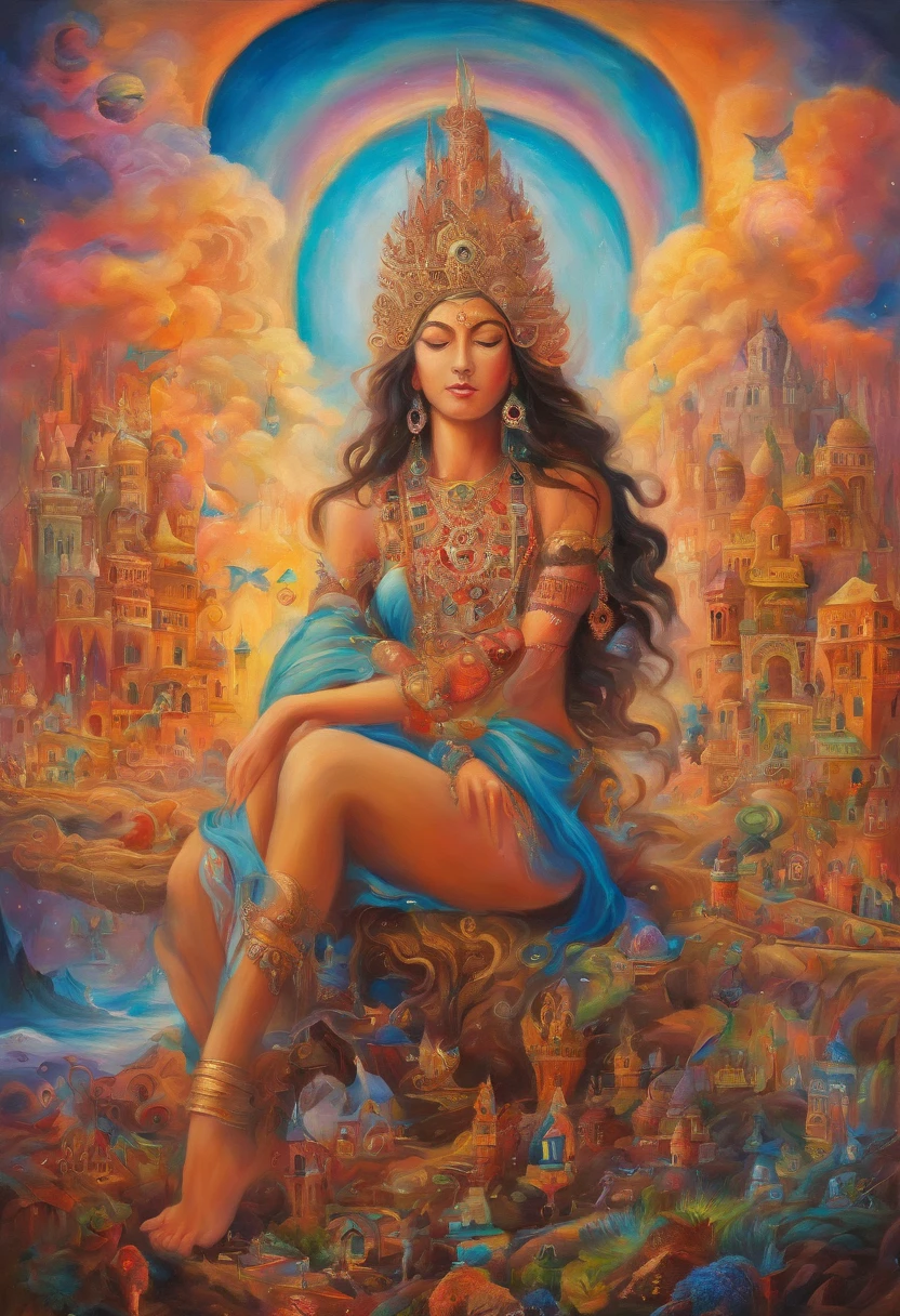(deusa,louro, barefoot, gigante),(Invadir, Cityscape),(Detailed face and expression),oil painting,ultra-detalhado,Altas,vivid colors,soft lighting,Mitologia