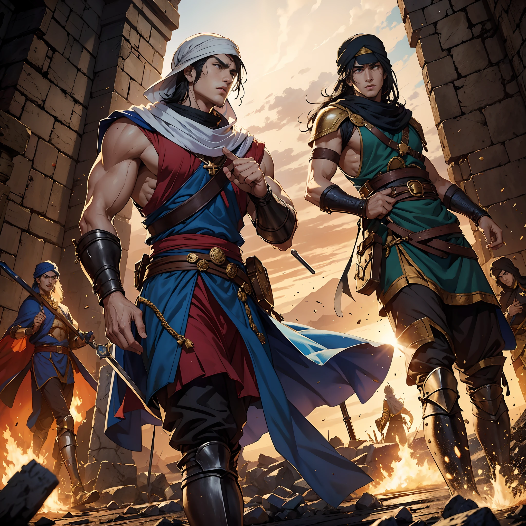 The Fascinating History of a Medieval Moroccan Islamic War, hokuto no ken style Highlighting key battles, Strategies, and the heroes who emerged during this historic conflict. Donner vie au courage, determination, and the cultural significance of this war, Draw the reader into the epic battlefield drama and its impact on the story."Super Réaliste Super Détaillé super detailed faces hyper realistic expressions correct Anatomy