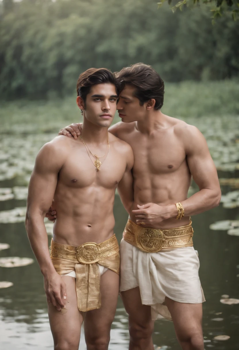 2boys kissing and embracing, masterpiece, best quality, slim lean boys young adults standing shirtless in a tranquil pool surrounded with water lilies and reeds. The men are muscular lean slim and well built, with defined muscles. The men are wearing white linen loincloth which have intricate gold embroidery. (narrow loincloth:1.2). Exposed thighs and legs. They are wearing gold armbands on their arms, gold leg bands on their thighs, gold anklets on their ankles, gold bracelets, and gold necklaces. The men are wearing a single ear cuff.