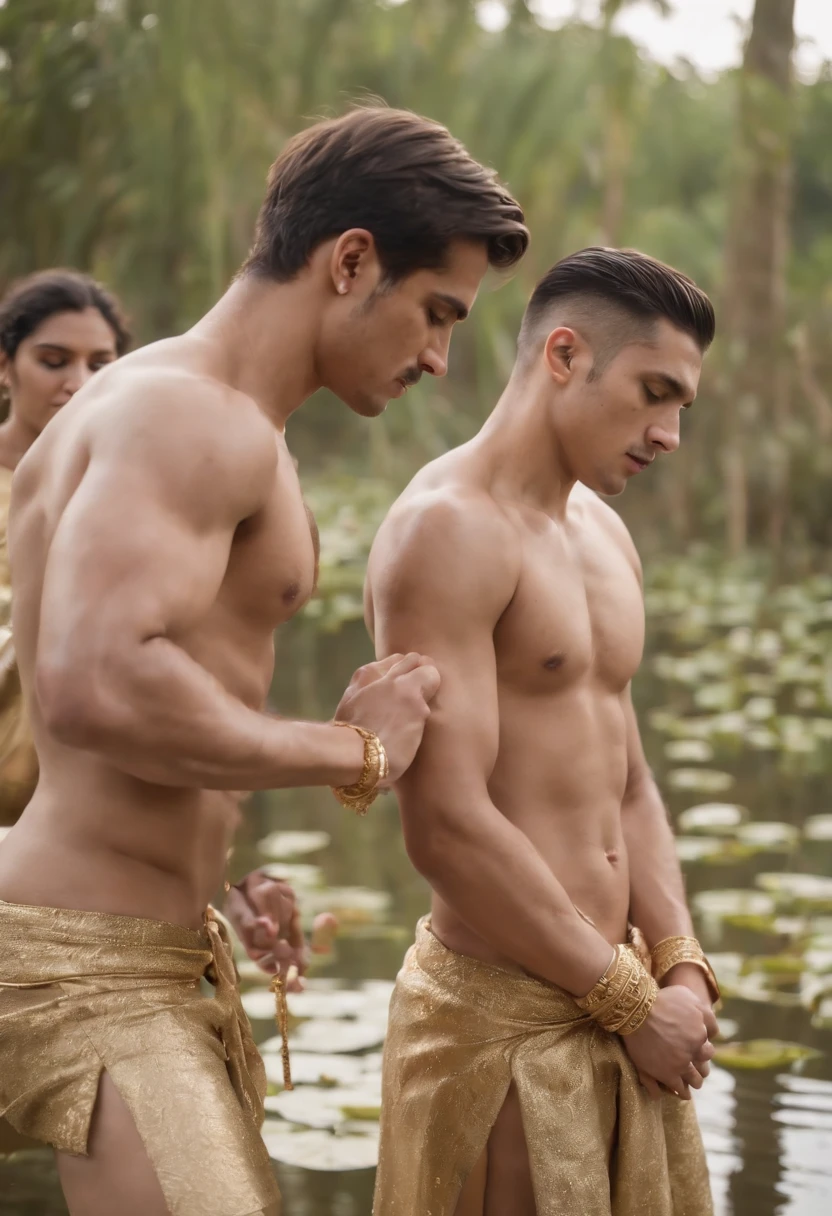 2boys kissing and embracing, masterpiece, best quality, slim lean boys young adults standing shirtless in a tranquil pool surrounded with water lilies and reeds. The men are muscular lean slim and well built, with defined muscles. The men are wearing white linen loincloth which have intricate gold embroidery. (narrow loincloth:1.2). Exposed thighs and legs. They are wearing gold armbands on their arms, gold leg bands on their thighs, gold anklets on their ankles, gold bracelets, and gold necklaces. The men are wearing a single ear cuff.