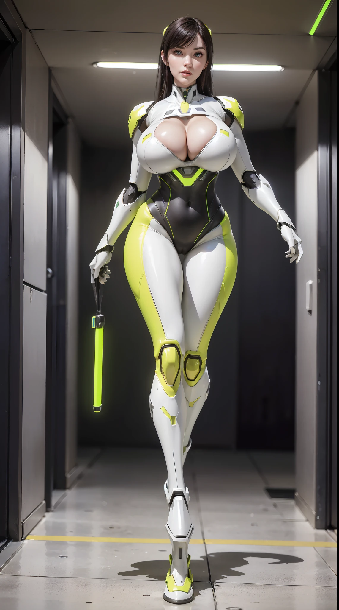 (NSFW, 1GIRL, SOLO: 1.7), (super detailed face), (BIG BUTTOCKS, HUGE FAKE BREASTS: 1.5), (CLEAVAGE TOP: 1.5), (MUSCLE ABS: 1.4), (MECHA GUARD ARMS: 1.4), ((YELLOW,WHITE, NEON GREEN MECHA GENJI OVERWATCH ARMOR SUIT, BLACK MECHA SKINTIGHT SUIT PANTS, MECHA GUARD ARMOR LEGS, HIGH HEELS)), (MUSCULAR FEMALE BODY, VOLUPTUOUS: 1.3), (GLOWING SKIN: 0.8), (SEXY LONG LEGS, FULL BODY:1.1), (LOOKING AT VIEWER: 1.3), (female focus:0.886), (WALKING DOWN HALLWAY OF FUTURISTIC SPACE STATION: 1), (BRIGHT LIGHT WHITEROOM: 1.3), SUPER TEXTURE, UNREAL ENGINE RENDER, PHYSICALLY-BASED RENDERING, ULTRA HIGHT DEFINITION, 16K, 1080P.