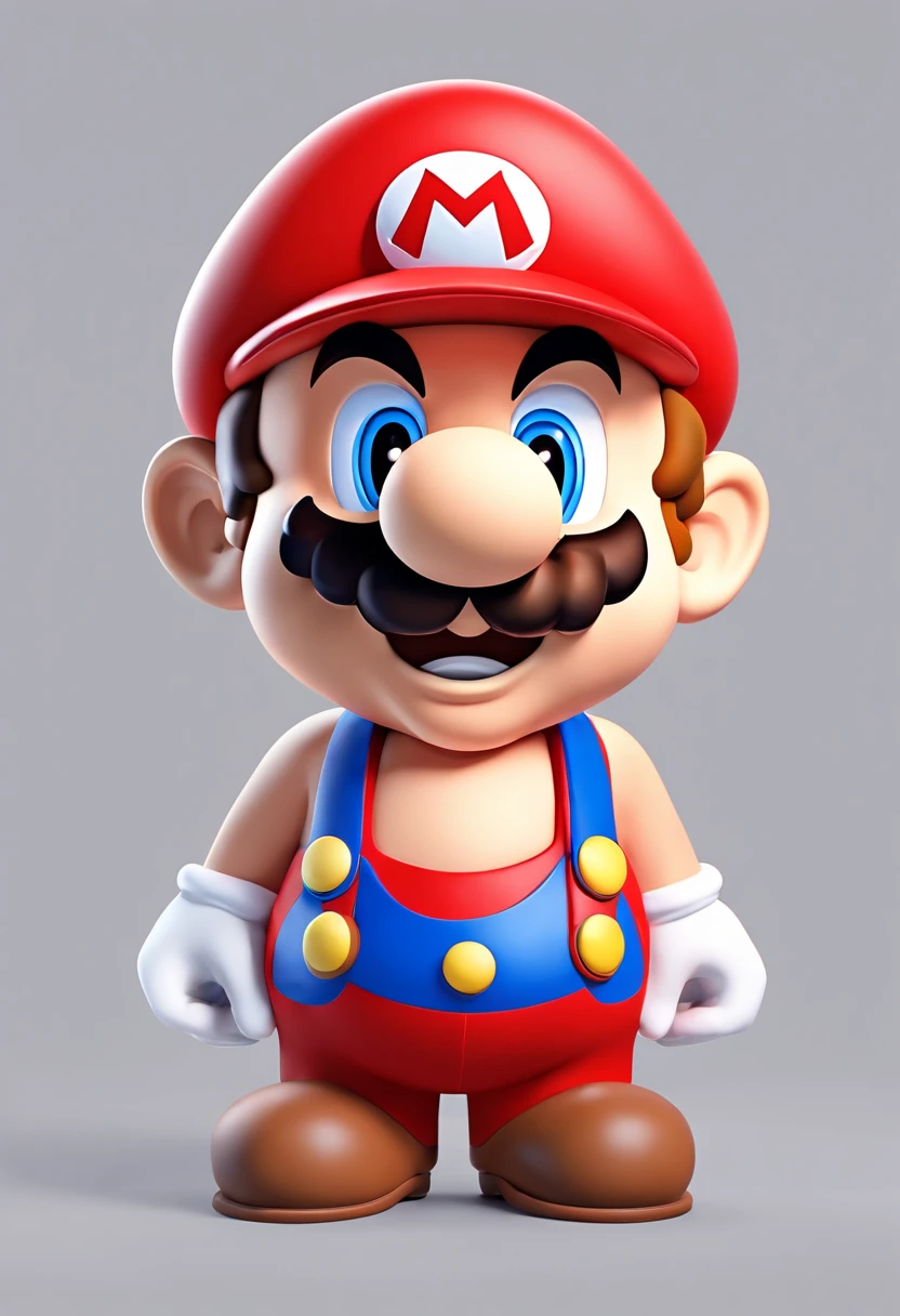 (Mario), character design, Nintendo Super Mario, (blue eyes, red hat, red suit, blue suspenders, white gloves, )super cute blind box style, chibi, full body, exaggerated expressions and actions, clean background, bright iridescent highlights, studio lighting, atmospheric lighting, with exquisite texture, high detail, high resolution, c4d, 3D, Blender, 8k, best quality, ultra high definition black and white creepy face , demon face, horror.