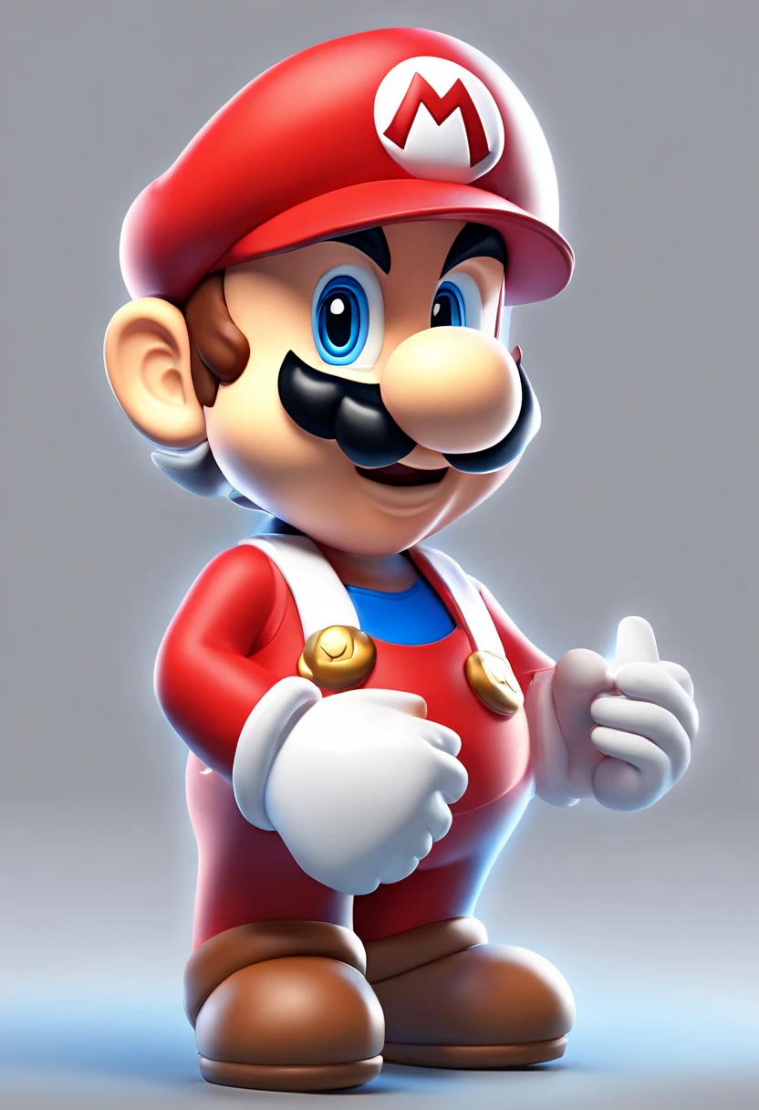 (Mario), character design, Nintendo Super Mario, (blue eyes, red hat, red suit, blue suspenders, white gloves, )super cute blind box style, chibi, full body, exaggerated expressions and actions, clean background, bright iridescent highlights, studio lighting, atmospheric lighting, with exquisite texture, high detail, high resolution, c4d, 3D, Blender, 8k, best quality, ultra high definition black and white creepy face , demon face, horror.