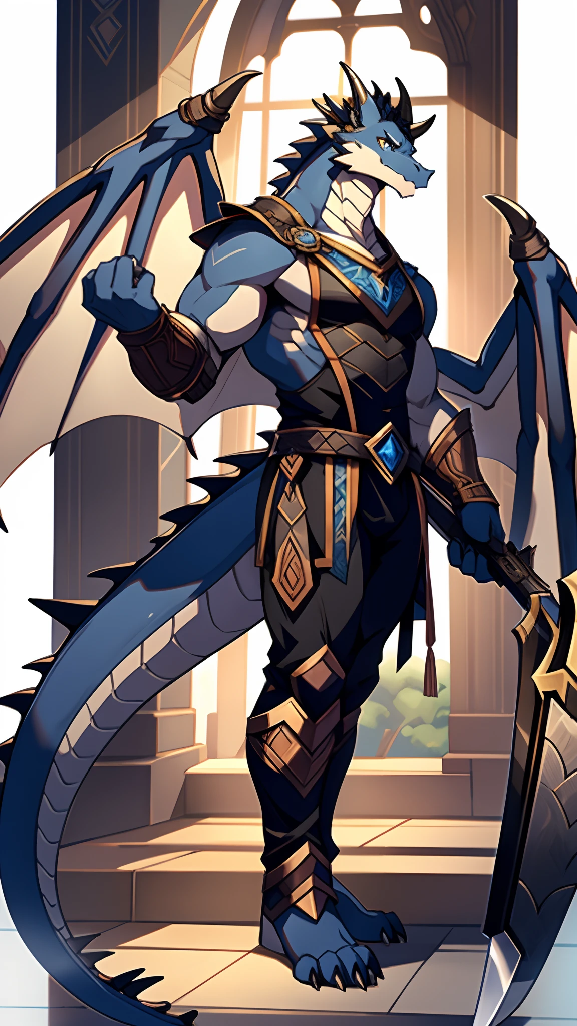 Masterpiece,HighestQuali,High- sharpness,The body structure is correct,exquisitedetails,Dragon wings,Dragon tail,Dragon's horn,Dark blue wolf,greyt hair,male people,solo person,black cloaths,Frustrated eyes,impatient look,Impatient posture,Holding a magic axe gun in his hand,The half-squat position upstairs is open,Exposed Body,black reotard,The crotch is slightly raised from the top of the genitals,A bit robust,Tall stature,