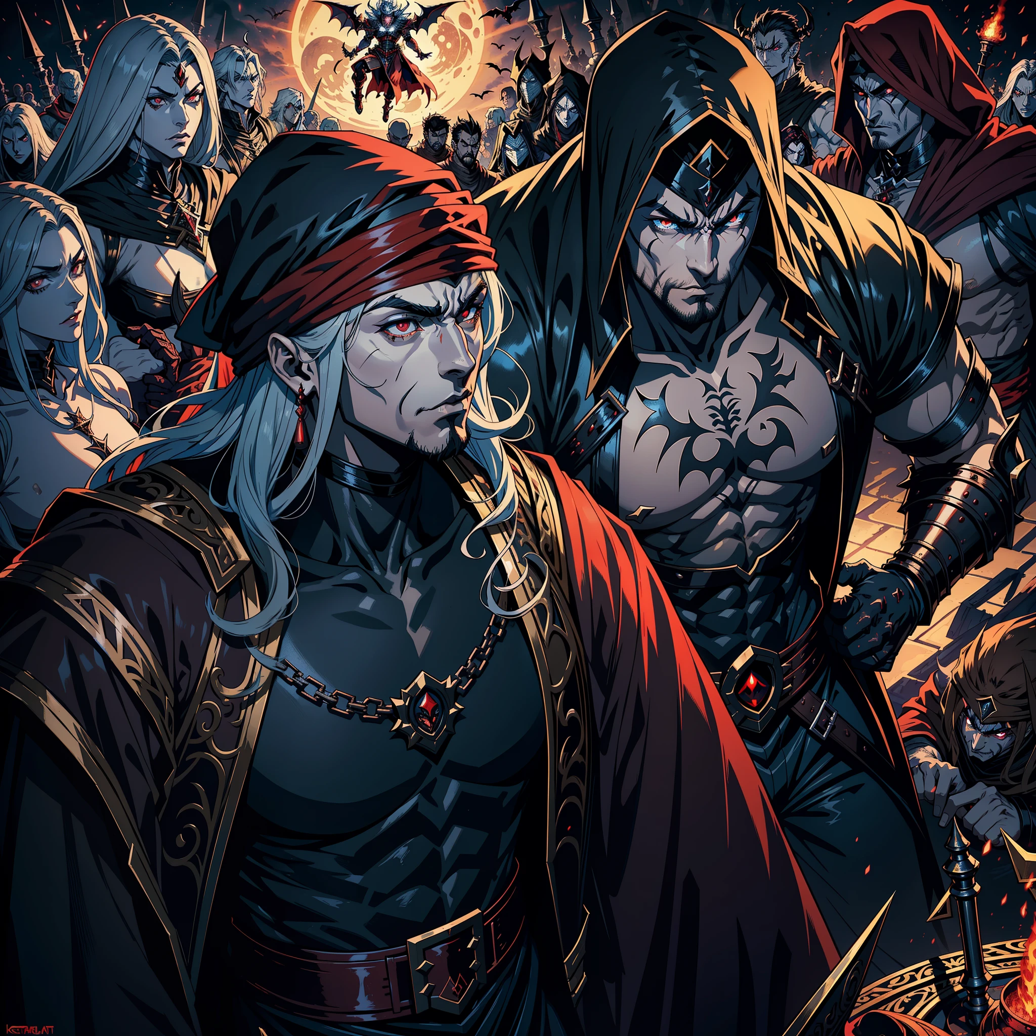 Castlevania Hyper Realistic Shadow Lord Super Detailed Dynamic Plan Master Piece of Lord Dracula Medieval Arab Warrior with Red Turban Scary Face Hokuto No Ken Structure Muscular Face Kenshiro Leading Troops Demon Army to Fight Sharp Details Cinematic Scenes Epic Movie Movie Legendary Hyper Realistic Epic Movie