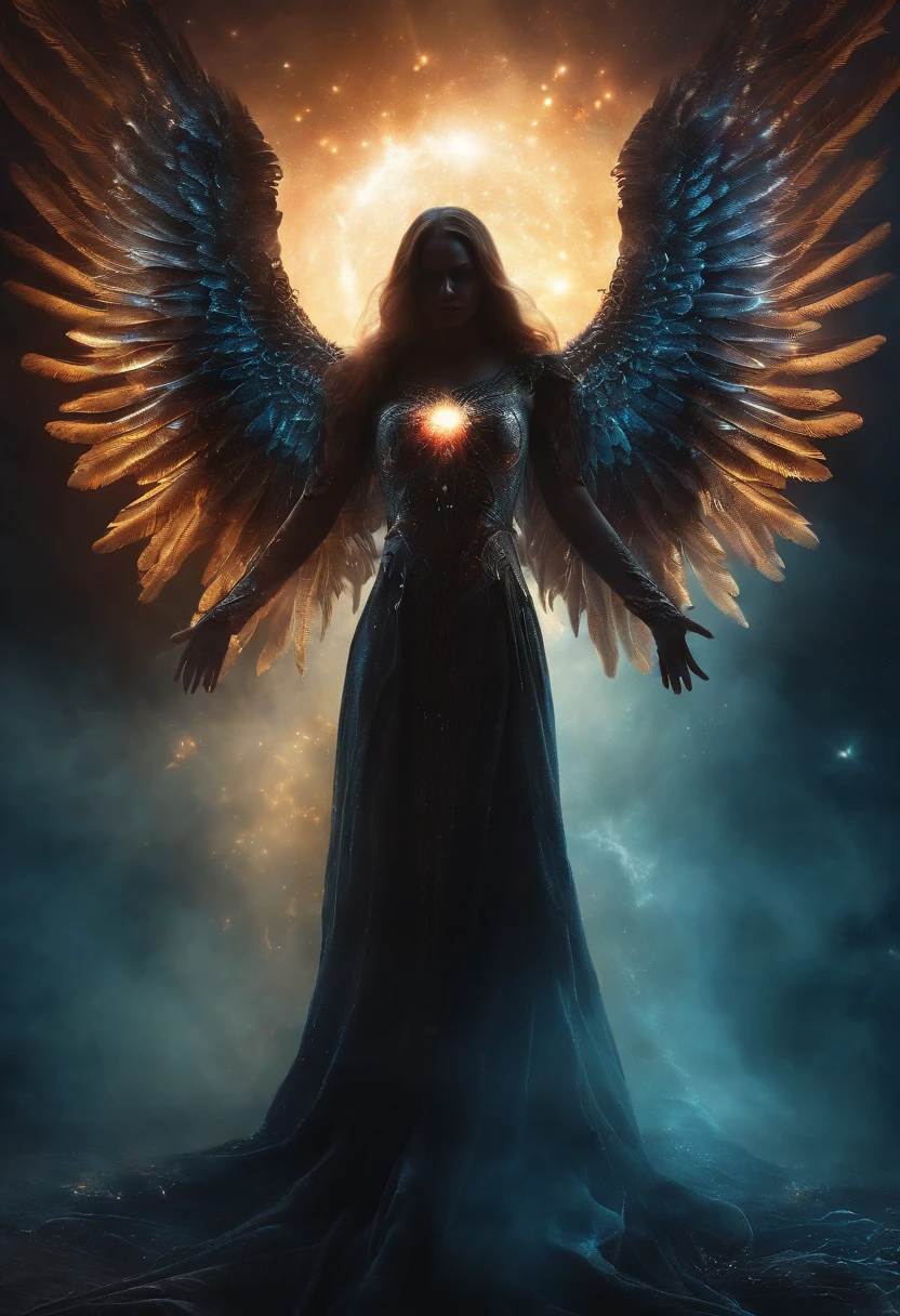 Cosmic Fallen Angel, Biomechanical, eerie, Creepy, nightmarish, light particles, Mshiff, wallpaper art, UHD wallpaper, glowing light eyes, very bright colors