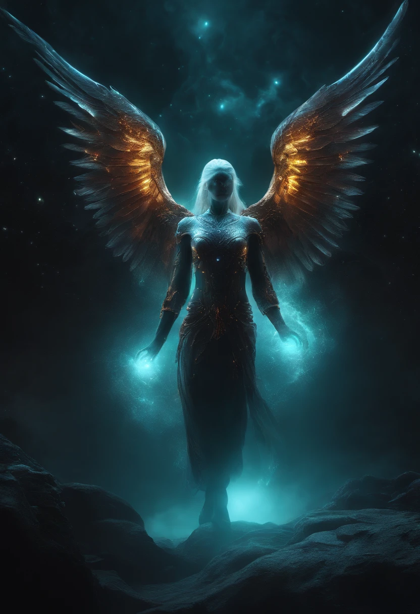 Cosmic Fallen Angel, Biomechanical, eerie, Creepy, nightmarish, light particles, Mshiff, wallpaper art, UHD wallpaper, glowing light eyes, very bright colors