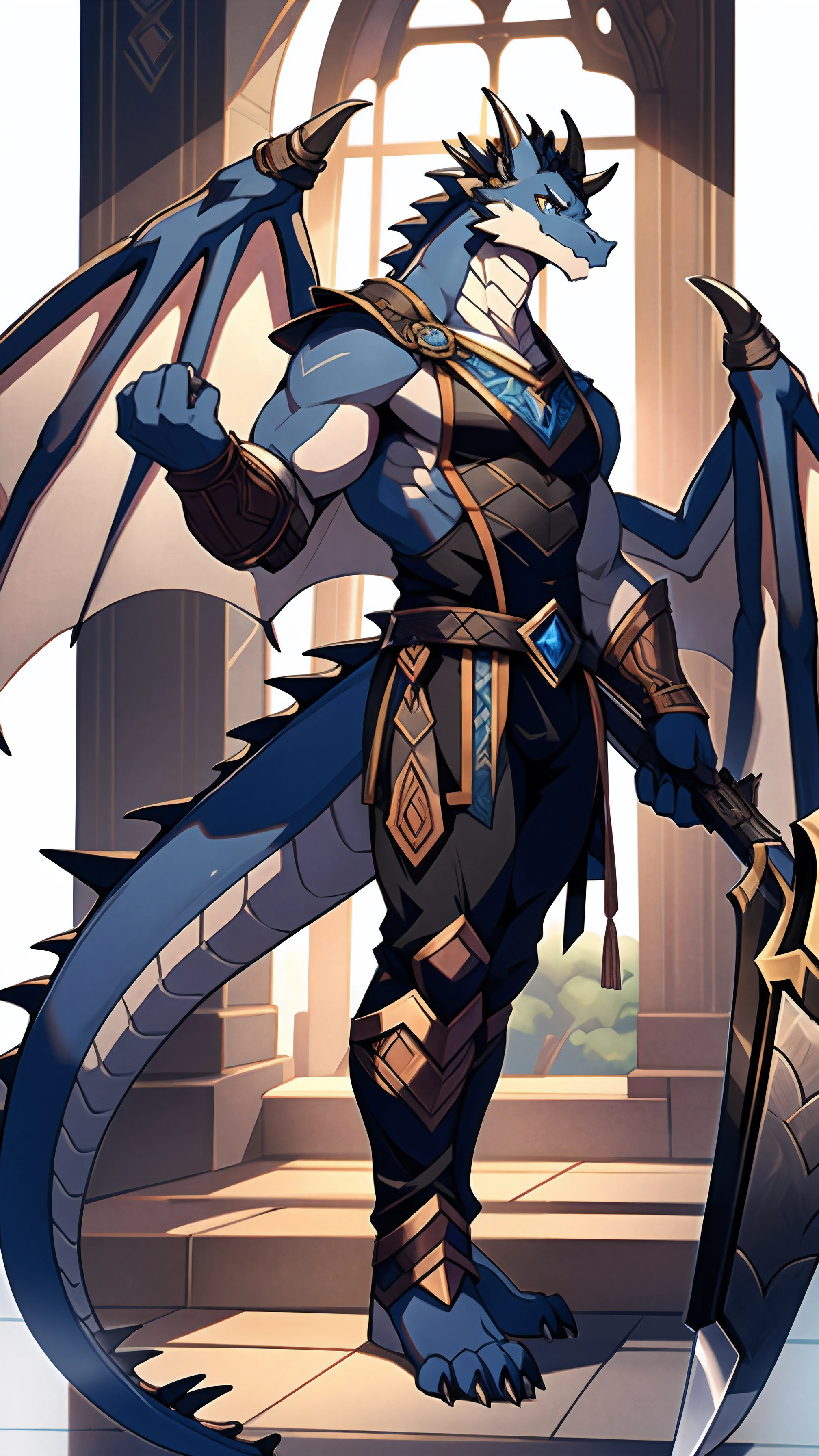 Masterpiece，HighestQuali，High- sharpness，The body structure is correct，exquisitedetails，Dragon wings，Dragon tail，Dragon's horn，Dark blue wolf，greyt hair，male people，solo person，black cloaths，Frustrated eyes，impatient look，Impatient posture，Holding a magic axe gun in his hand，The half-squat position upstairs is open，Exposed Body，black reotard，The crotch is slightly raised from the top of the genitals，A bit robust，Tall stature，