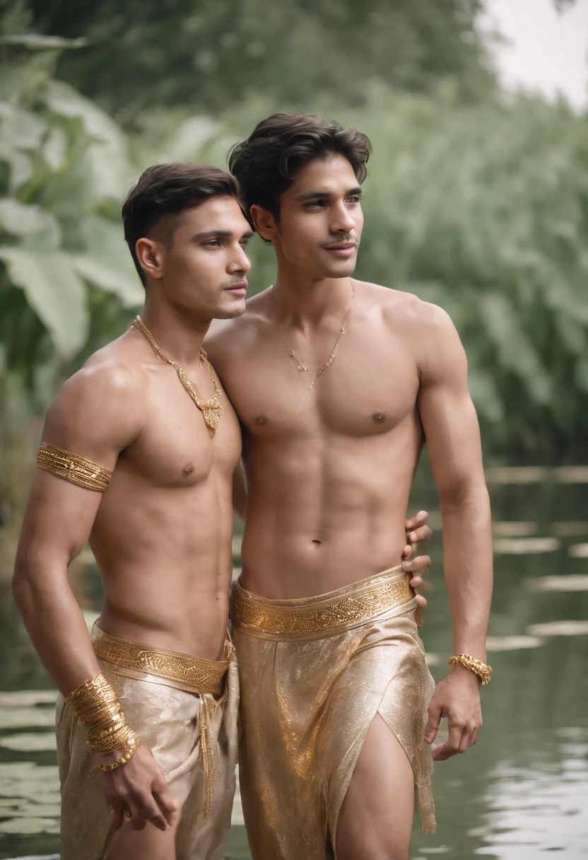2boys kissing and embracing, masterpiece, best quality, slim lean boys young adults standing shirtless in a tranquil pool surrounded with water lilies and reeds. The men are very handsome, tanned, muscular lean slim and well built, with defined muscles. The men are wearing white linen loincloth which have intricate gold embroidery. (narrow loincloth:1.3). Exposed thighs and legs. They are wearing gold armbands on their arms, gold leg bands on their thighs, gold anklets on their ankles, gold bracelets, and gold necklaces. The men are wearing a single ear cuff.