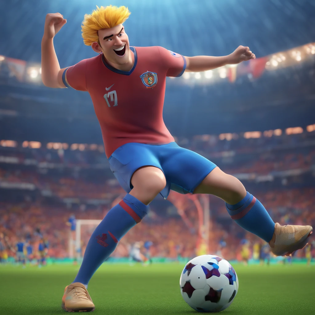 football player, dyed hair, blue shirt, celebrating a goal, disney pixar 3d cartoon