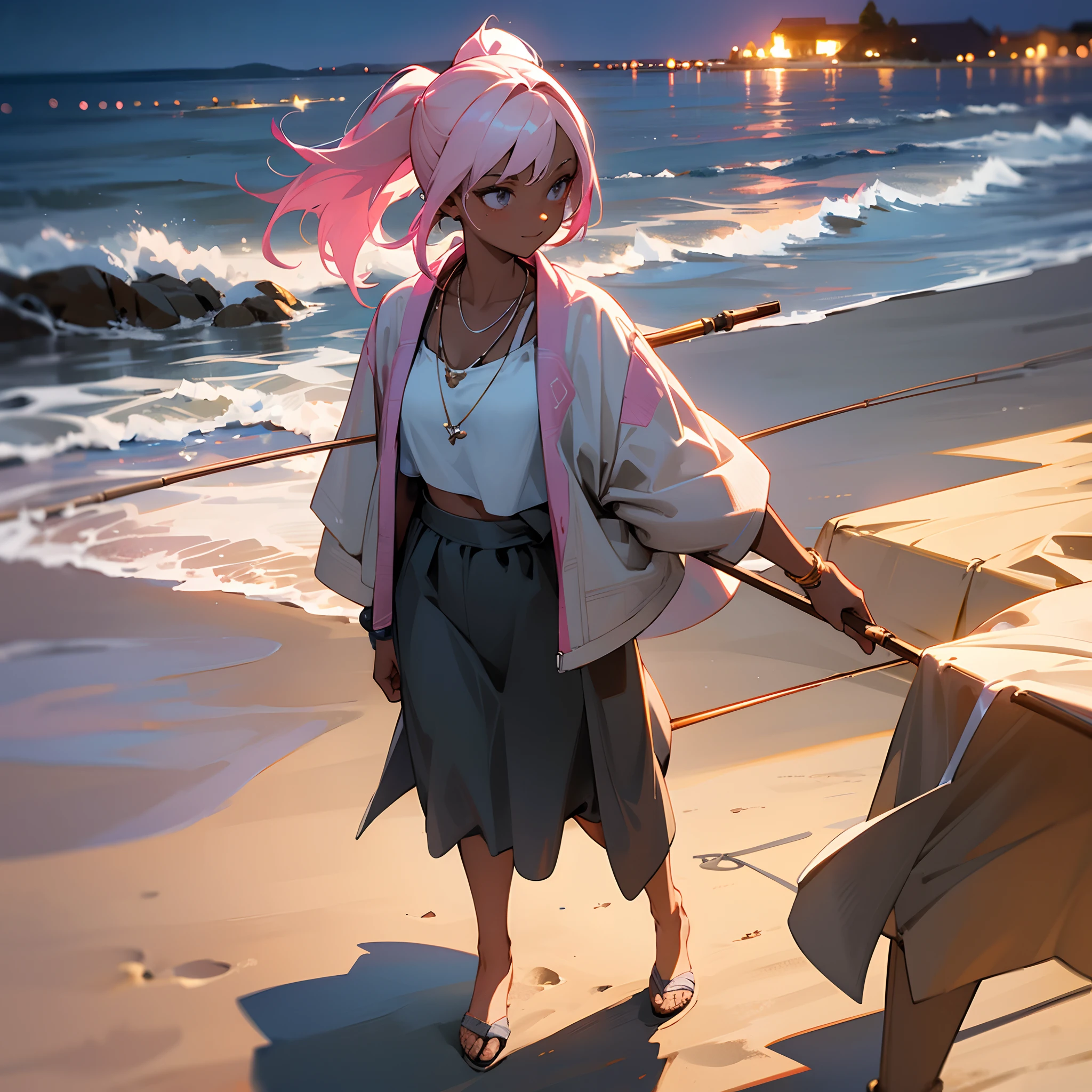 1female, teen, dark skin, pale blonde low ponytail with pink highlights, finely detailed grey eyes, two piece bikini, necklace, best lighting and shadows, night time fishing village, walking along the coast, light smile