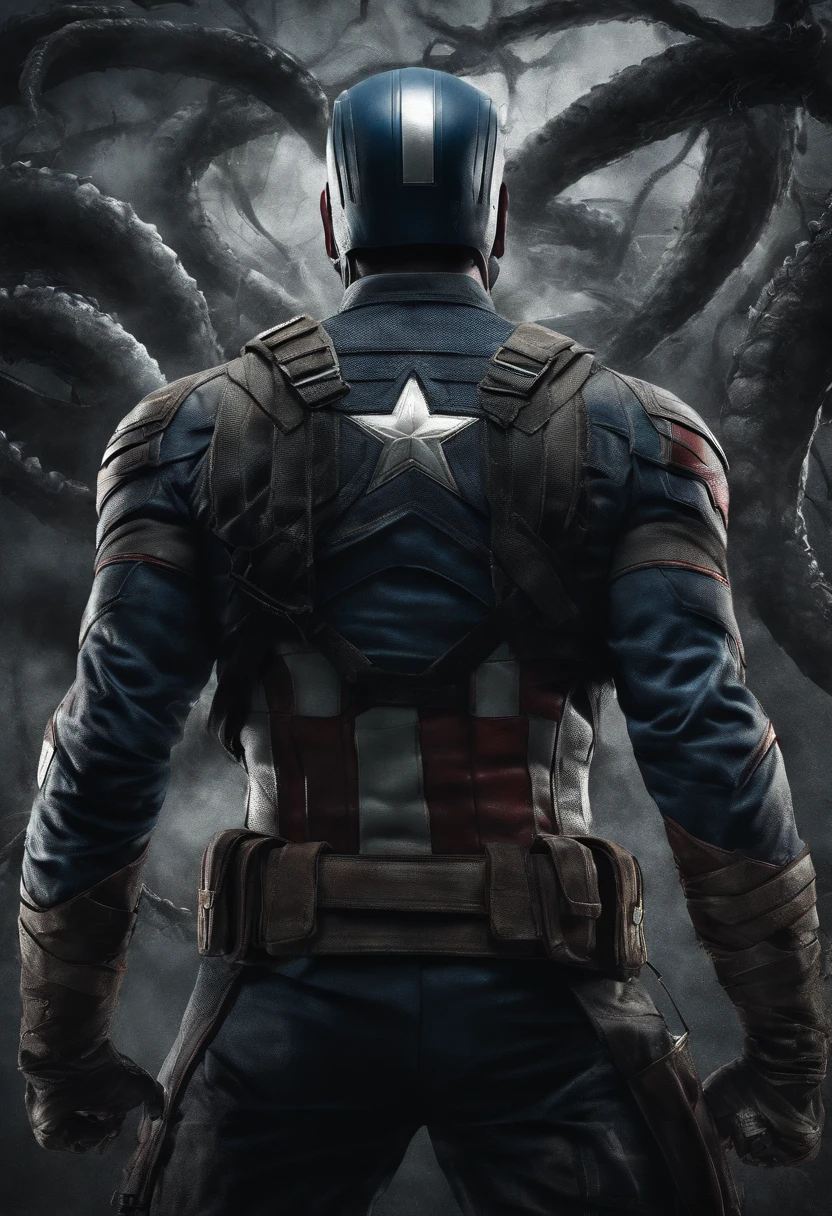 photo realistic back view of captain america attacked by tentacles