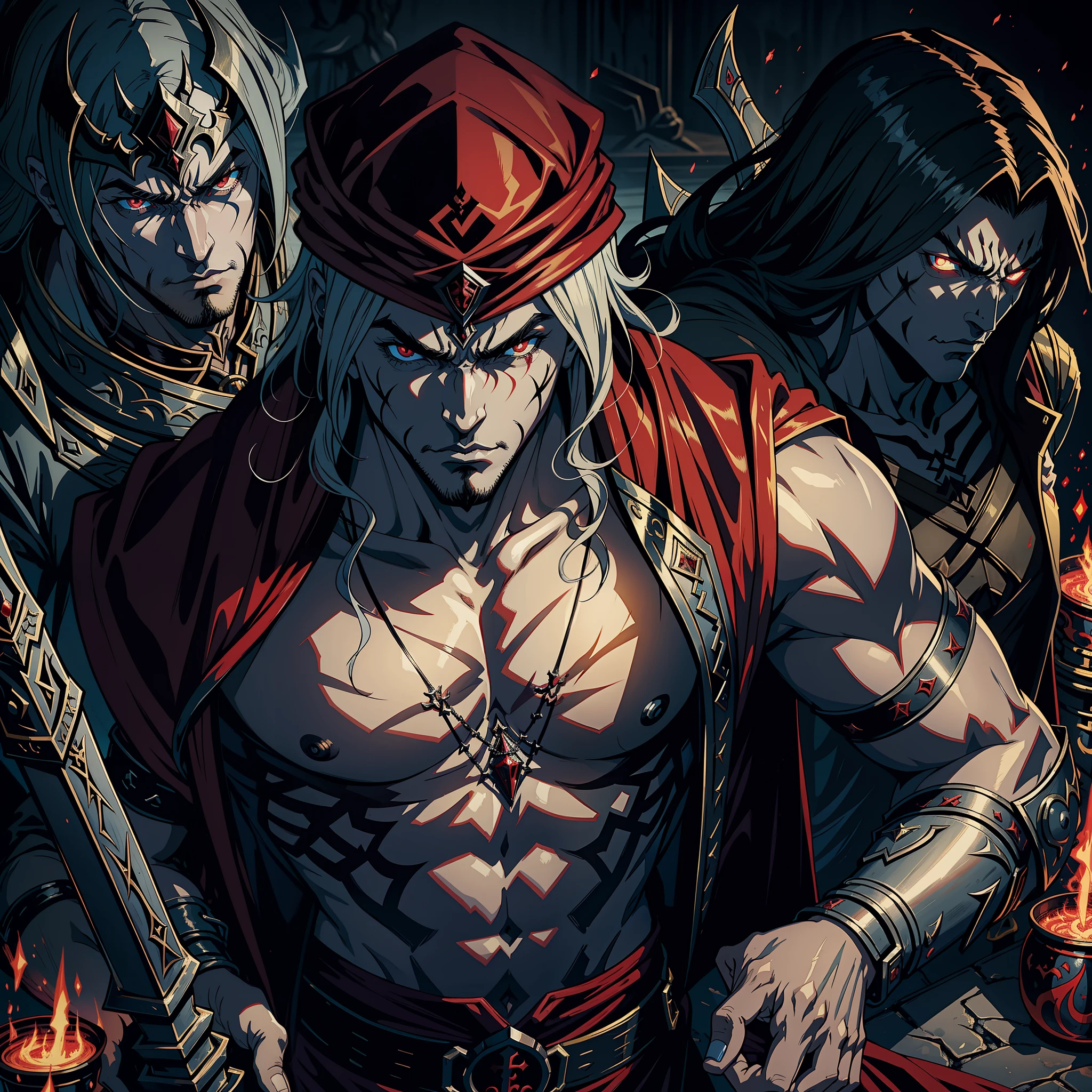 Castlevania Hyper Realistic Shadow Lord Super Detailed Dynamic Plan Master Piece of Lord Dracula Medieval Arab Warrior with Red Turban Scary Face Hokuto No Ken Structure Muscular Face Kenshiro Leading Troops Demon Army to Fight Sharp Details Cinematic Scenes Epic Movie Movie Legendary Hyper Realistic Epic Movie