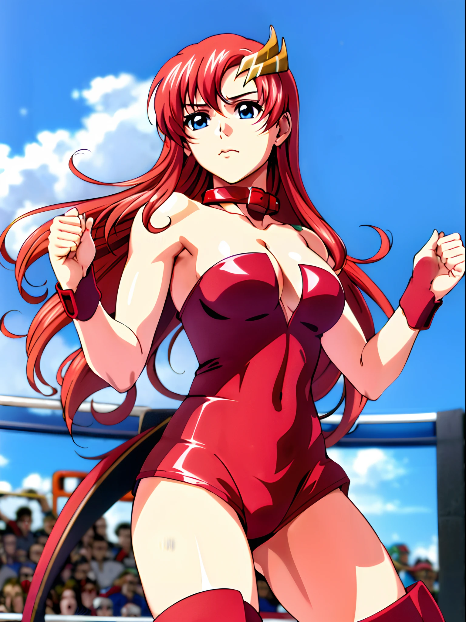 (((red strapless wrestling outfit, collar, red boots))), (upper body view, big mouth, Best Quality, Anime style: 1.9, Adult Woman, (cloud background), Anime, lacus4), 1girl, Solo, 鎖骨, (very long hair, wide bangs, Hair Ornament, Detailed reddish-pink hair, golden crest), large hands, (blue eyes), ((little biceps, slender body, hourglass figure, broad shoulders, closed fists)), ((perfect proportions, , , long belly)), (((mini red wrestling outfit))