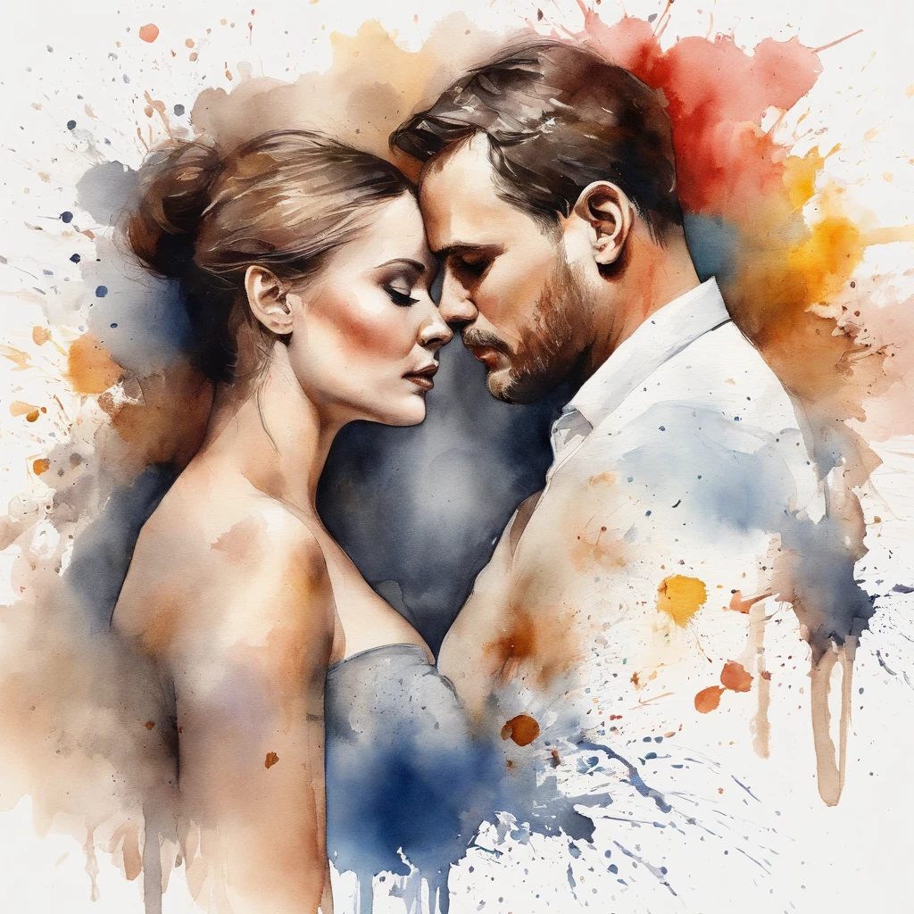 Illustration of lovers with splatter background and spray paint effect, Directors: Eugene Jack, Watercolor art, Directors: Karoly Lotz, Watercolor painting, Watercolor painting style, Detailed watercolor art, Directors: Ruben Tam, Digital watercolor, watercolor , Amazingly detailed watercolors, Watercolor art, Grzegorz Lutkowski