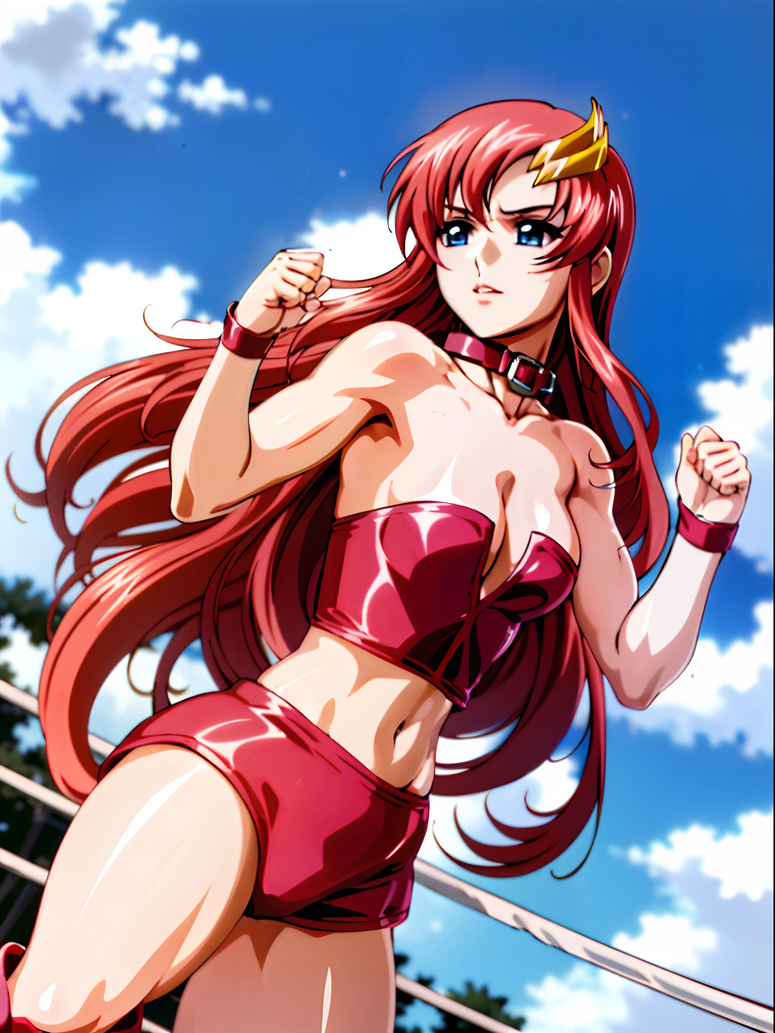 (((red strapless wrestling outfit, collar, red boots))), (upper body view, big mouth, Best Quality, Anime style: 1.9, Adult Woman, (cloud background), Anime, lacus4), 1girl, Solo, 鎖骨, (very long hair, wide bangs, Hair Ornament, Detailed reddish-pink hair, golden crest), large hands, (blue eyes), ((little biceps, slender body, hourglass figure, broad shoulders, closed fists)), ((perfect proportions, medium breasts, cleavage, long belly)), (((mini red wrestling outfit))