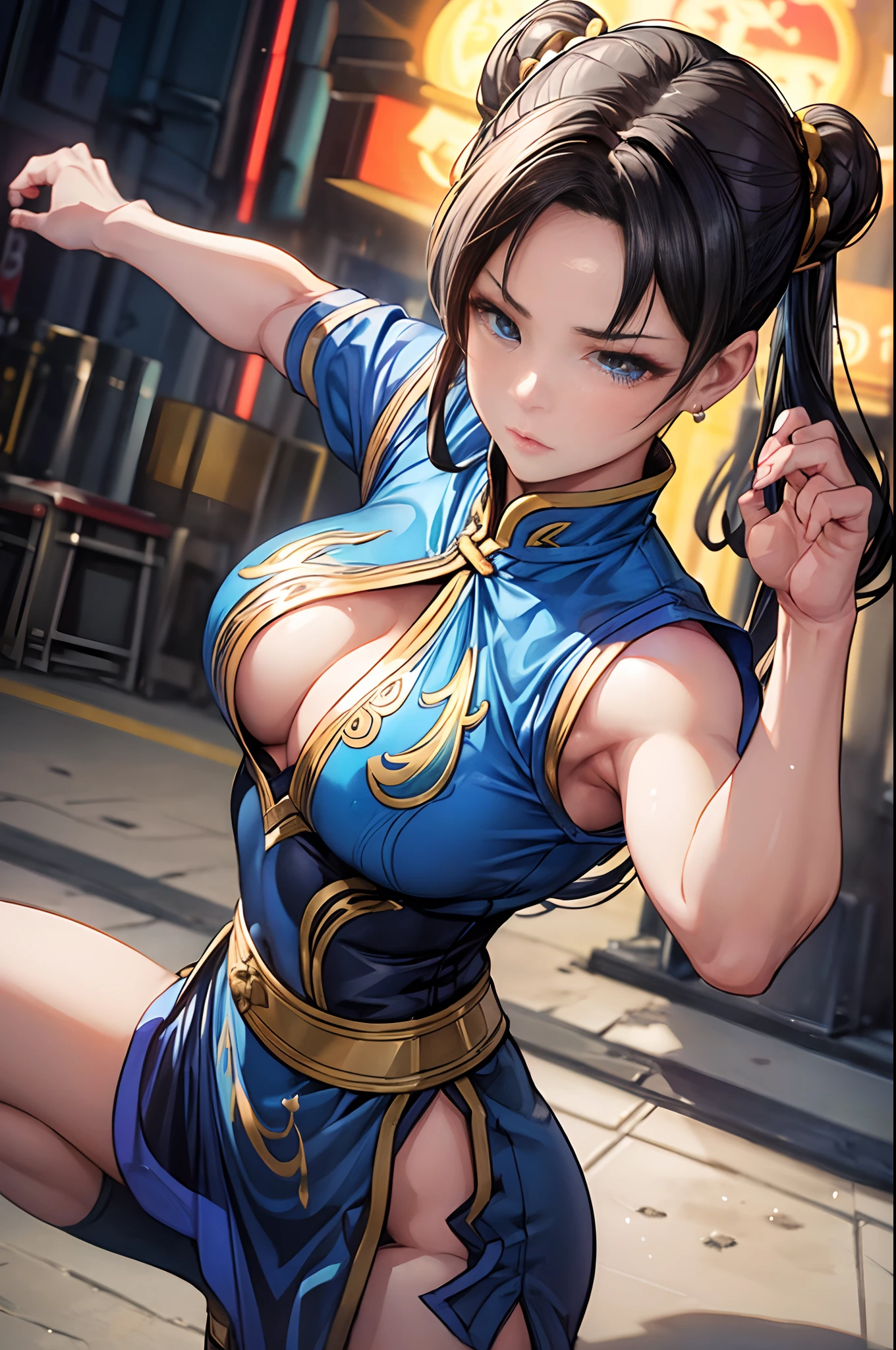 (Best quality,Ultra-detailed,Realistic:1.37) Street Fighter Chun-Li, A famous character in the Street Fighter video game. She is a master of martial arts,Known for lightning kicks.
(sportrait) Chun Li's detailed portrait captures her beauty and power.
(Vivid colors) Bright colors bring the characters to life, Showcase her signature blue cheongsam dress and gold accents.
(Detailed eyes) Beautiful and expressive eyes reflect her determination and focus.
(Detailed lips) Soft and perfectly shaped lips, Add to her femininity.
(atheletic body) Be healthy and strong,musculous, Highlight her strength in battle.
(Street fight scene) Chun-Li performs her signature spinning bird kick in a dynamic street fight scene.
(Urban background) The background depicts bustling city streets filled with neon lights, Show the city background of the game.
(particle fx) Amazing particle effect around Chun Li kicking, Emphasize the influence and power of her movements.
(Studio lighting) Carefully crafted lighting, Cast realistic shadows and highlights on Chun-Li, Enhance the overall realism of the artwork.
(Masterpiece:1.2) Masterpiece illustration that captures the essence and spirit of Chunli, A true idol in the world of video games.