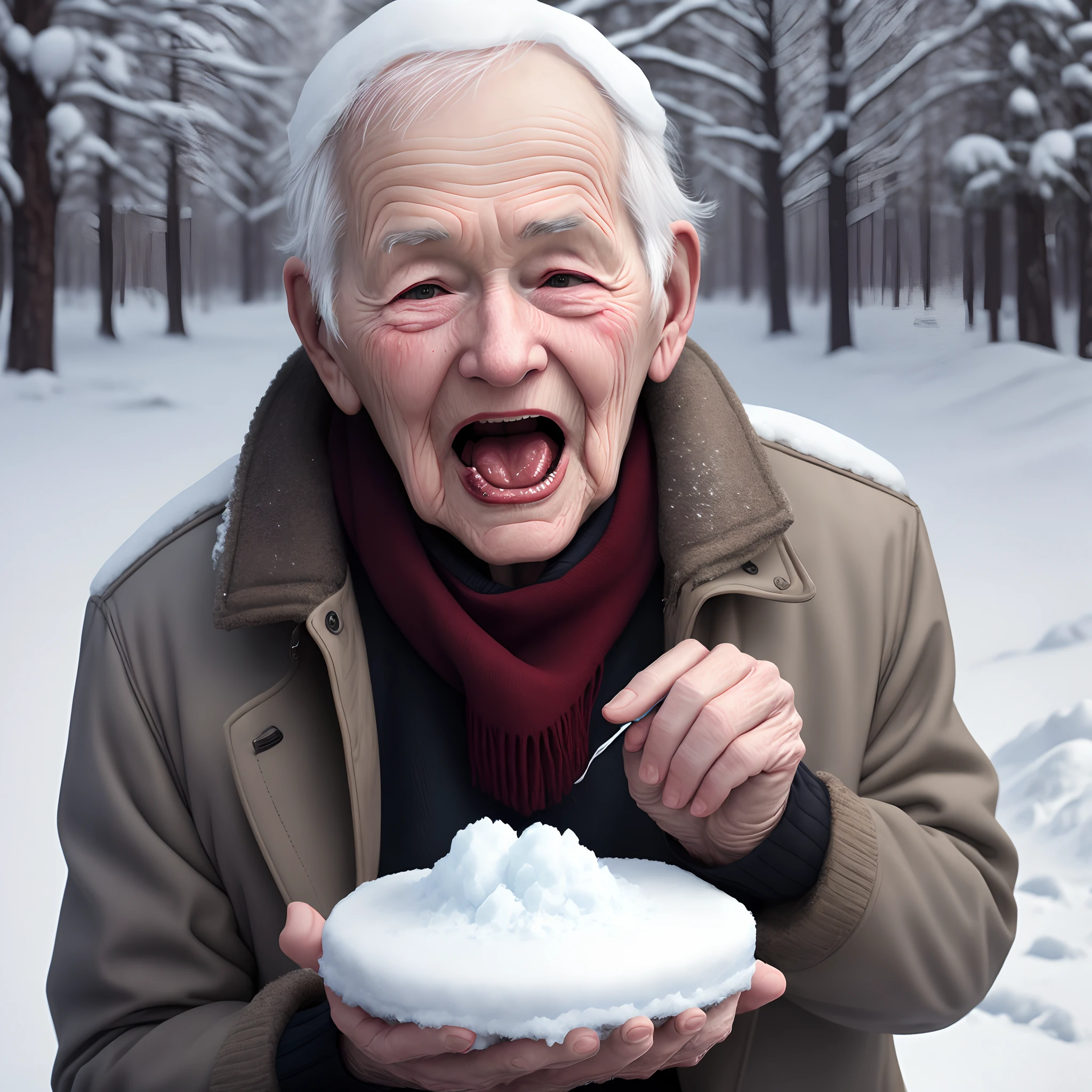 Old person eating snow violently, realistic