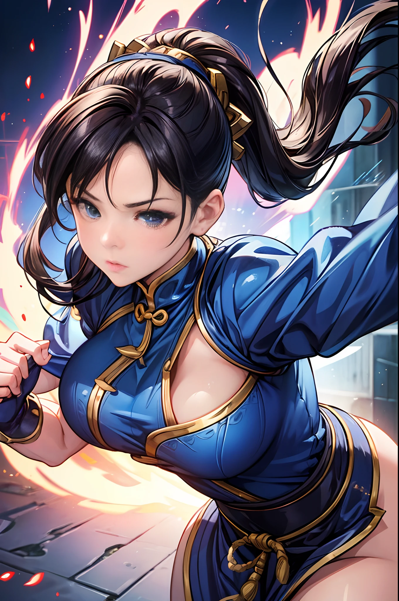 (Best quality,Ultra-detailed,Realistic:1.37) Street Fighter Chun-Li, A famous character in the Street Fighter video game. She is a master of martial arts，Known for lightning kicks. 

(sportrait) Chun Li's detailed portrait captures her beauty and power. 

(Vivid colors) Bright colors bring the characters to life, Showcase her signature blue cheongsam dress and gold accents.

(Detailed eyes) Beautiful and expressive eyes reflect her determination and focus. 

(Detailed lips) Soft and perfectly shaped lips, Add to her femininity. 

(atheletic body) Be healthy and strong，musculous, Highlight her strength in battle. 

(Street fight scene) Chun-Li performs her signature spinning bird kick in a dynamic street fight scene. 

(Urban background) The background depicts bustling city streets filled with neon lights, Show the city background of the game. 

(particle fx) Amazing particle effect around Chun Li kicking, Emphasize the influence and power of her movements. 

(Studio lighting) Carefully crafted lighting, Cast realistic shadows and highlights on Chun-Li, Enhance the overall realism of the artwork. 

(Masterpiece:1.2) Masterpiece illustration that captures the essence and spirit of Chunli, A true idol in the world of video games.