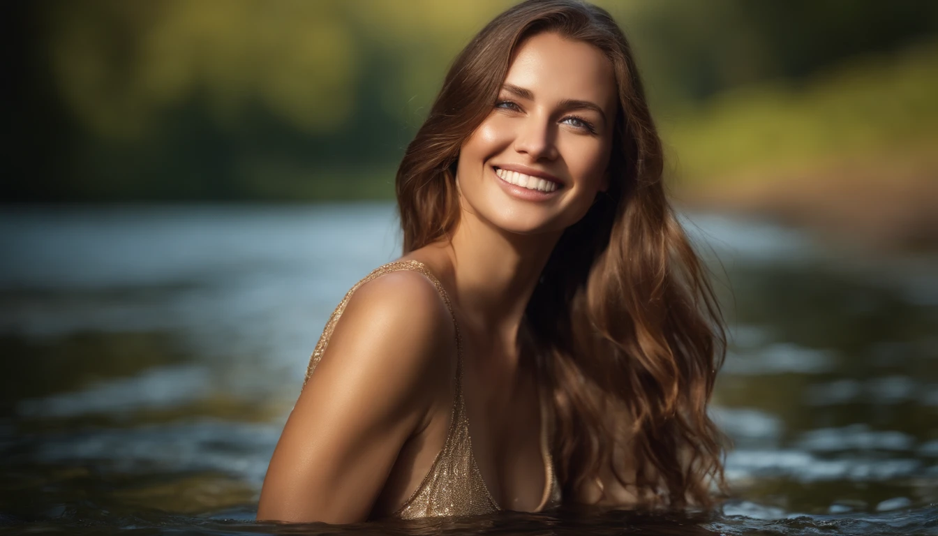 best quality,4k,8k,highres,masterpiece:1.2),ultra-detailed,(realistic,photorealistic,photo-realistic:1.37),beautiful detailed blue eyes,happy,smiling,joyful expression, natural sunlight, woman in a river, ((river water covering the roads)), long wet light brown hair, 超高分辨率, natural naked breasts, very detailed stiff wet , expressive facial expression, looking straight into the camera, drops of water on her body, European woman, artistic, image focused on the breasts, sunlight reflecting on water, dappled shadows,happy and playful atmosphere,vivid colors,portraits,bokeh.