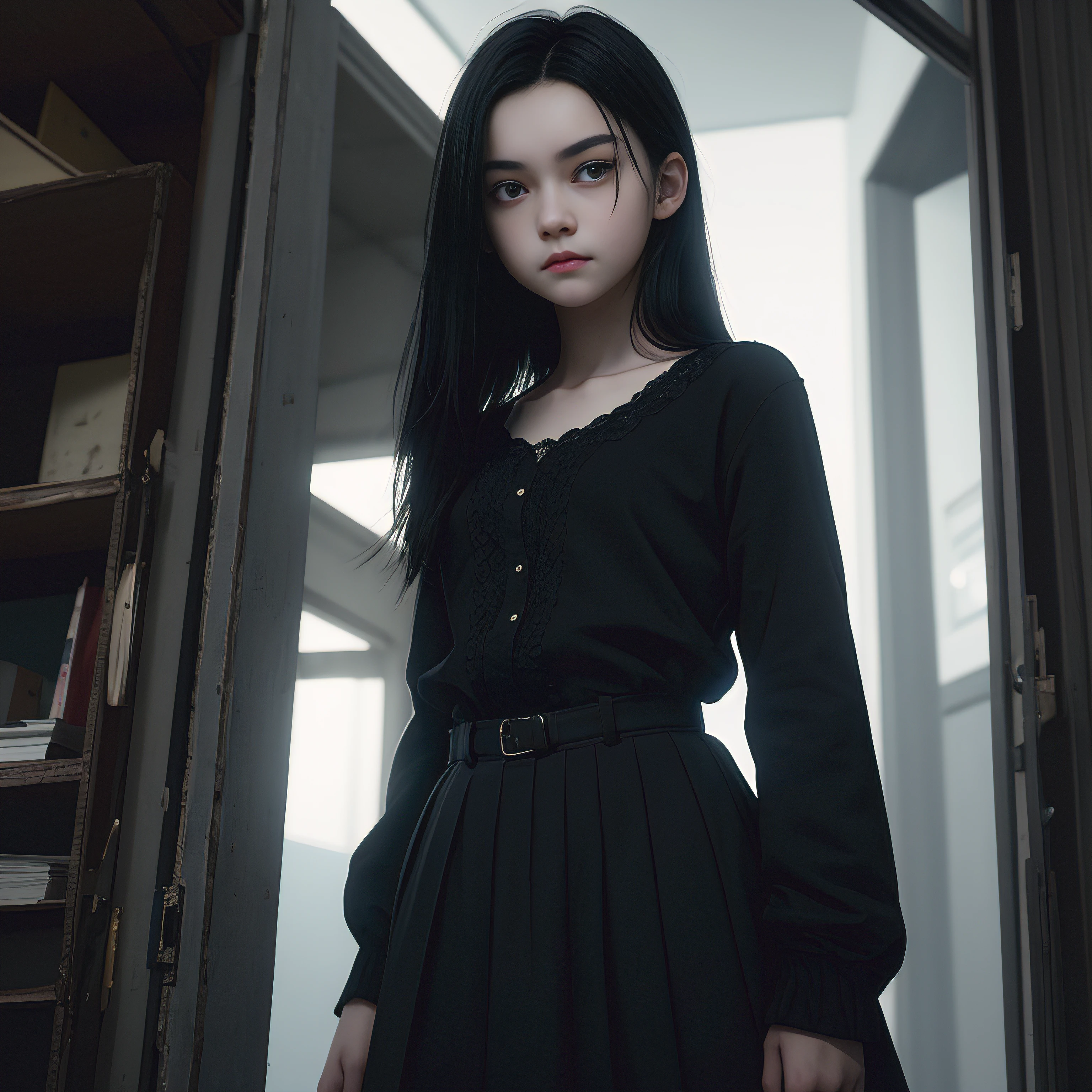  I need you to generate a creepy looking girl, SERIOUS LOOK, black hair, straight, long and disheveled, very thin to the bone, She is dirty with a black liquid on her hands, He is wearing black shorts and a white shirt, although stained with black liquid in some parts., eyes completely black but difficult to see, dry lips, It is very dirty. The room will be a room with a bed but very dirty, There is a lot of garbage and dishes, spoiled food , The walls are scratched and there is little light.