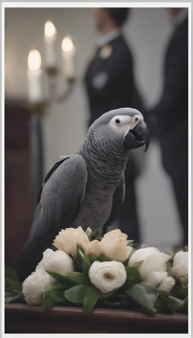 A grey parrot shouting in a funeral, people looking at it angrily, cinematic, 4k, realism