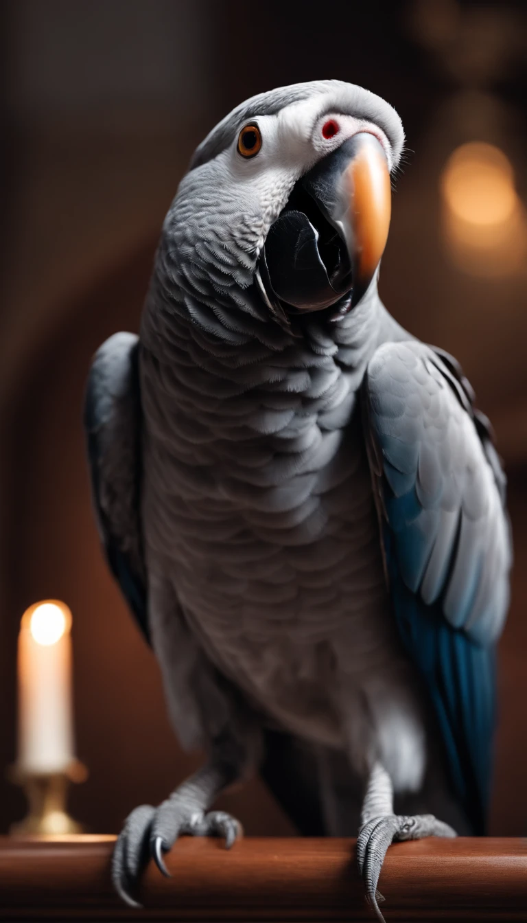 A grey parrot shouting in a funeral, people looking at it angrily, cinematic, 4k, realism
