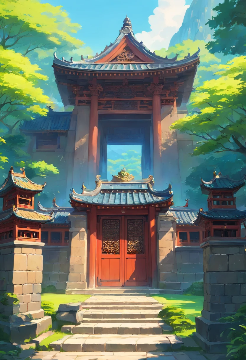 Looking up at the perspective, the visual impact is strong, there is a Chinese style building behind it, and there is a Chinese wind bridge in front, clouds