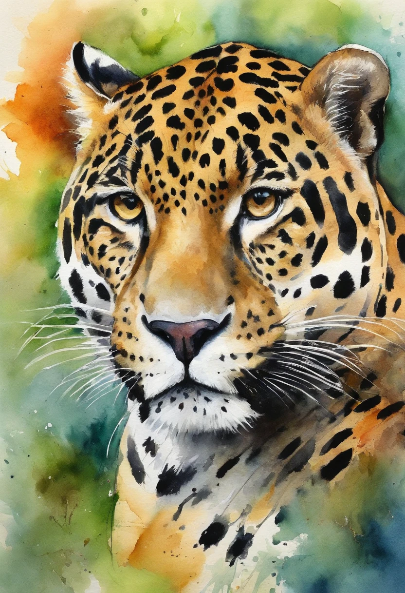 Jaguar; Aquarela; Pintura expressionista; bicho; floresta; qualidade