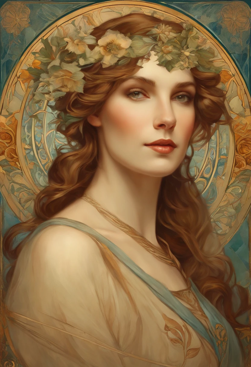 old (Masterpiece, Best Quality, Highres:1.2) Art Nouveau Style Beautiful Woman with Long Hair Shaped as Flowers in the Style of Alphonse Mucha, portrait of a beautiful cute, very beautiful, standing artistically, realistic natural, professional light distribution, very artistic lighting gradation, artistic detail, highly detailed, centered, Nymph-pattern vintage wallpaper with dramatic backlighting casting deep shadows, featuring a meticulously crafted illustration inspired by Dan Mumford and Alphonse Mucha, hyper-realistic and photorealistic textures, extremely detailed with intricate floral and foliage elements, octane rendered in 8K (extremely detailed 8k wallpaper), Golden ratio, hidden ancient Greek symbols (, Spiral), balanced design, color harmony, Vernis Martin, golden, ancient mythology, artistically twisted edges, reminiscent of old-world craftsmanship with a contemporary edge, volumetric lighting, ultra fine details