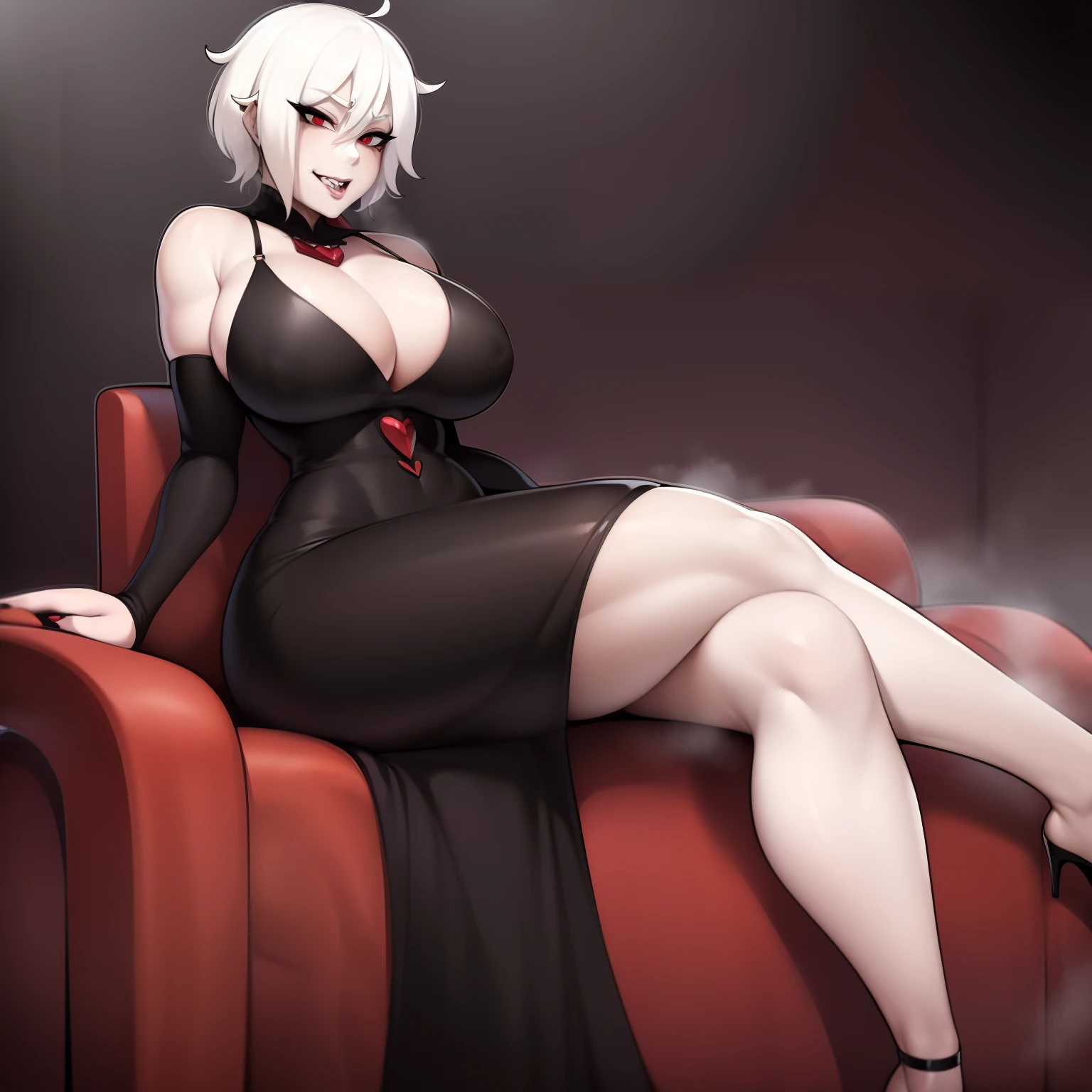 ((Solo)), Vampire girl with short white hair, (red eyes), ((wearing a black dress)), Anime style 4K, large chest, curvy hips, long legs, detailed eyes, ((sitting on a throne))
