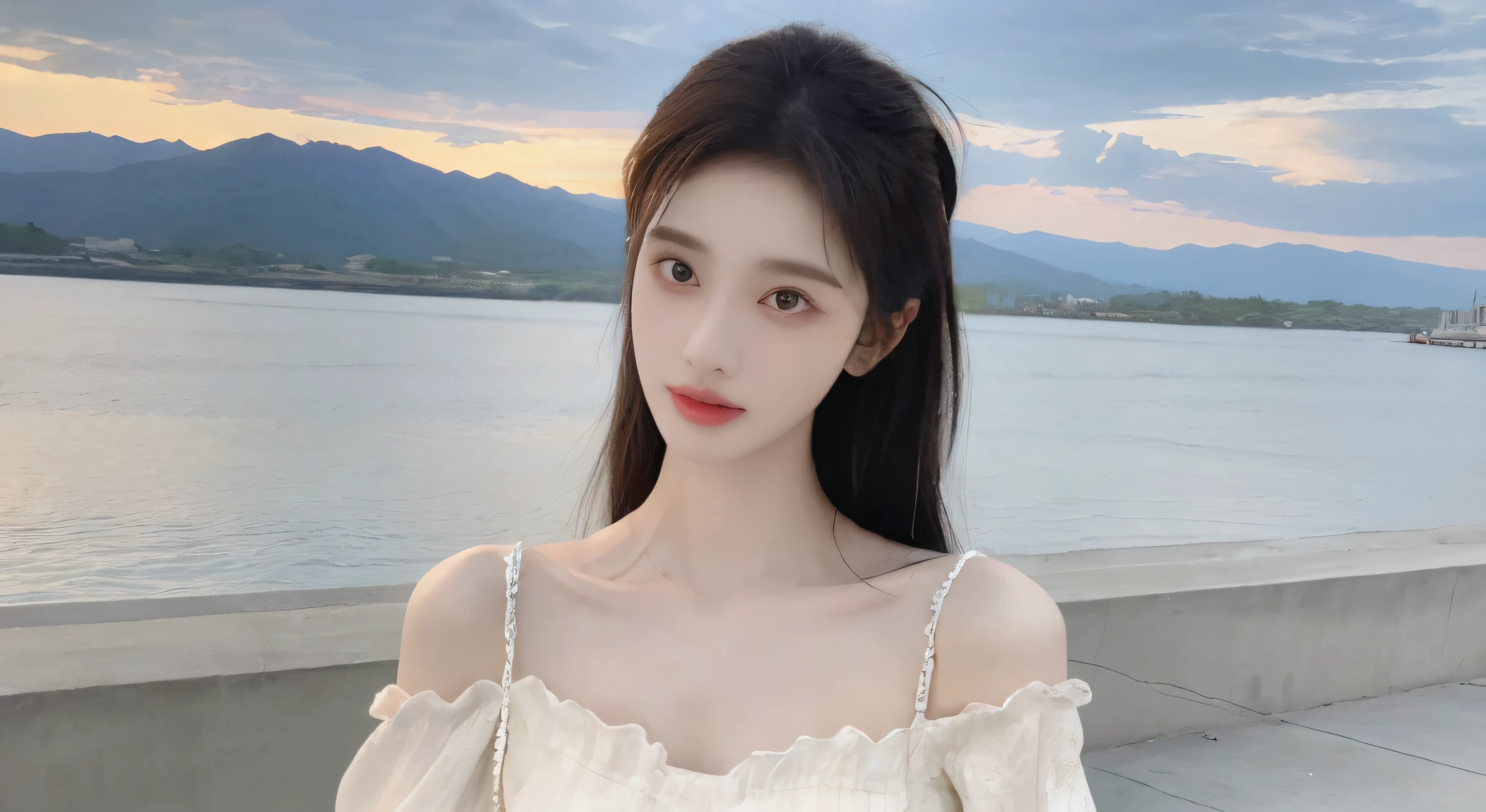 ulzang-6500-v1.1,(RAW photo:1.2), (Photorealistic:1.4), Beautiful Meticulous Girl, very detailed eyes and faces, Beautiful detailed eyes, absurderes, unbelievable Ridiculous, hugefilesize, ultra - detailed, A high resolution, The is very detailed,best qualtiy,tmasterpiece,kemomimi,illustratio,The is very detailed,CG,unified,8k 壁纸,Amazing Cleavage,finely detailled,tmasterpiece,best qualtiy,The is very detailed的 CG unified 8k 壁纸,light in face,cinmatic lighting, best qualtiy, Full body like,Refined face,18-year-old girl,Slim body,Smaller bust,Beige off-the-shoulder chiffon shirt,short skirt,((Jiangmen Taishan Xiachuandao Beach)),((Wet clothes))