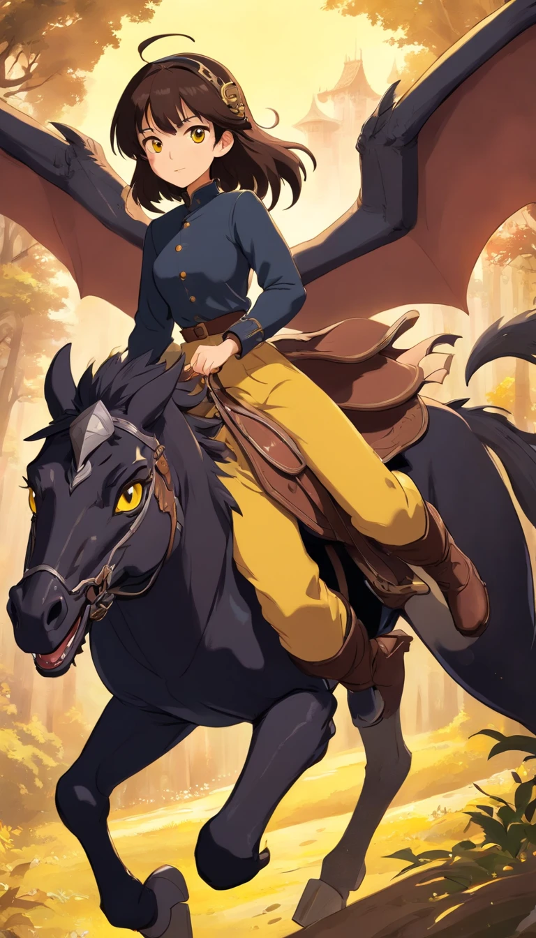 Black dragon with yellow eyes, Brunette princess with pants and boots riding on a brown horse