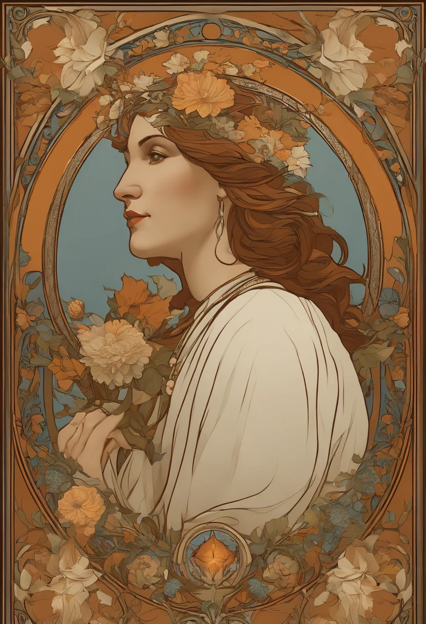 retrato do rosto de uma homem nordica, cabelos longos, branco, moldura floral, decorative panels, Artistic Abstract, Directed by: Alphonse Mucha, (master part, melhor qualidade, Altas:1.4), circunstanciado, detalhes intrincados, 4k, Respingos de cor, arte de linha, Fibonacci, In Alfons Mucha style and in the form of a tarot card