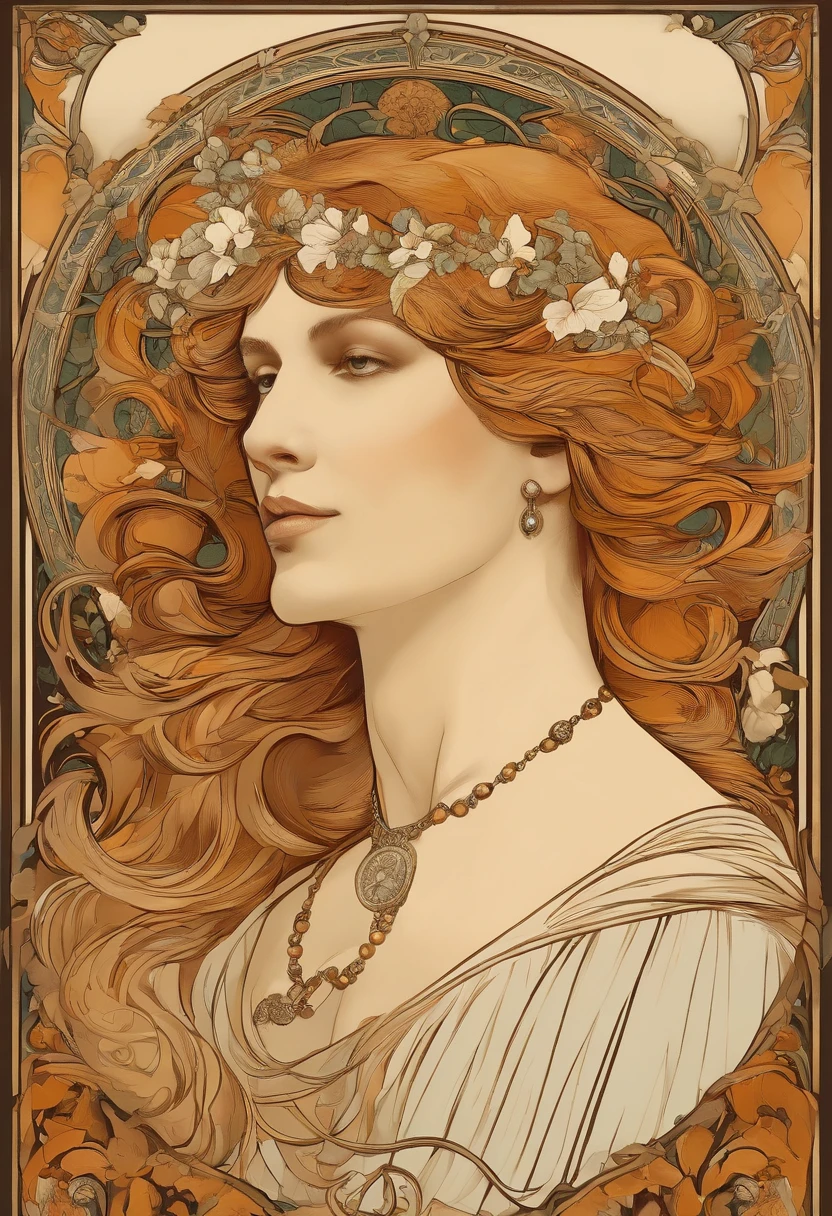 retrato do rosto de uma homem nordica, cabelos longos, branco, moldura floral, decorative panels, Artistic Abstract, Directed by: Alphonse Mucha, (master part, melhor qualidade, Altas:1.4), circunstanciado, detalhes intrincados, 4k, Respingos de cor, arte de linha, Fibonacci, In Alfons Mucha style and in the form of a tarot card