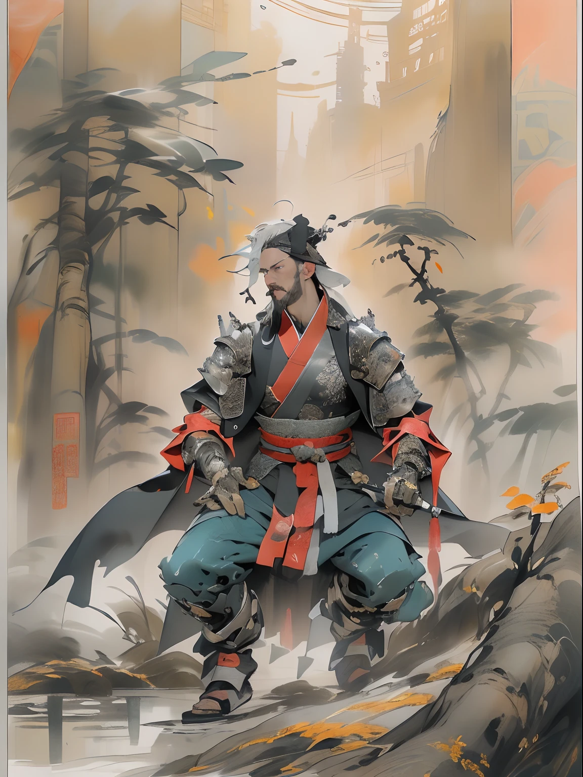 (((China-style，Ink painting method，Half-length portrait，Intense color，Han dynasty, China，Hanfu，Look up from your knees, Handsome Asian samurai，perfect body figure, Modern samurai, ((( Asian))), Wear gloves on your hands，The left arm is made of steel and metal tips，Made of protective devices, The eyes are pulled, (( Appears below the chest )), (( Small dental floss )), Simon Bisley, Almost naked（Simon Bisley）Castle City Wilderness，For high-resolution posters, hair straight, Minimum clothing, armure (Crazy clothes ), Full of tips and rivets, tribal tattoos, (((full bodyesbian))), Straight brunette hair，Colored hair ends，Wear a cape on his head