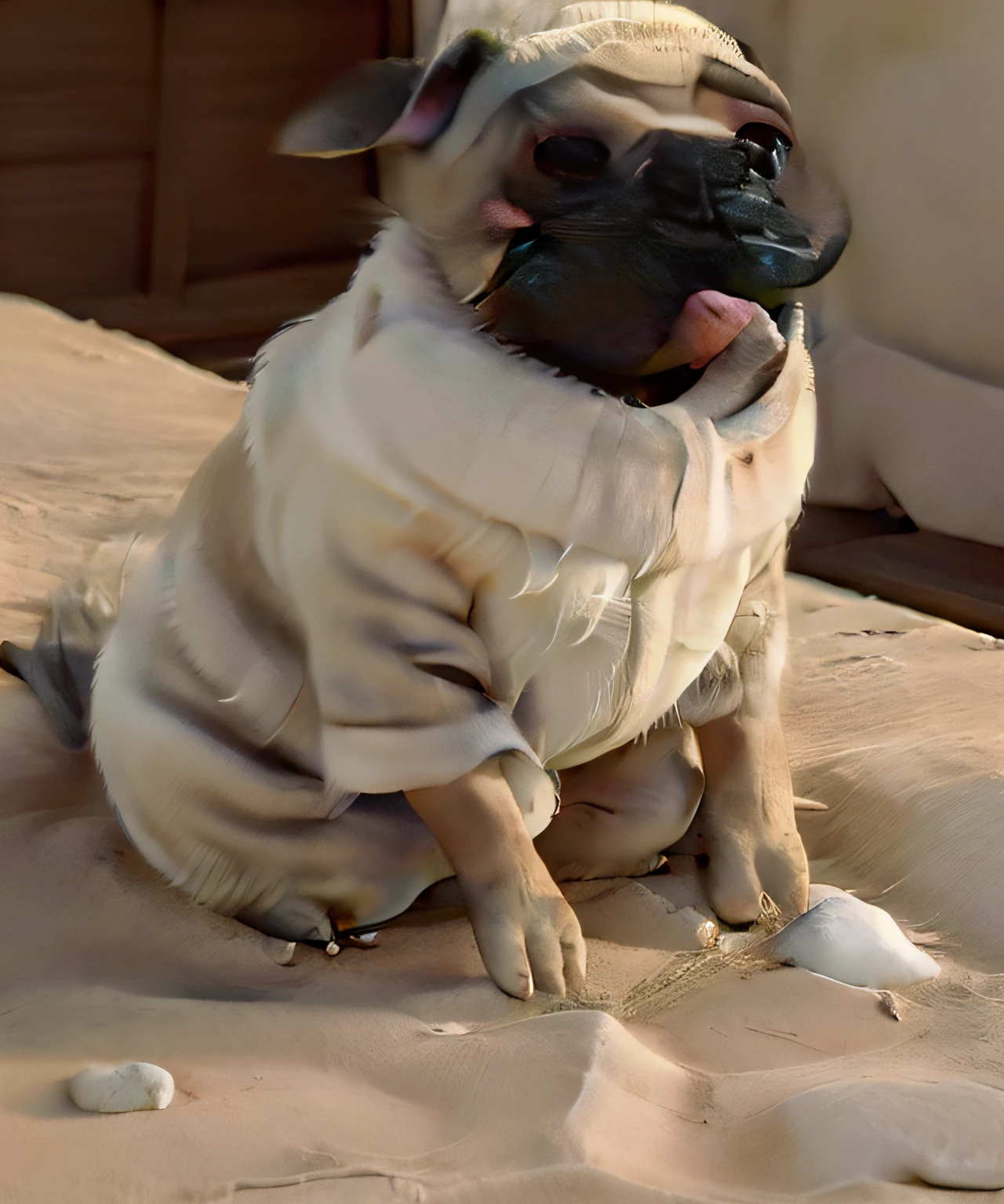 Araffe sentado em uma cama com um cobertor sobre ele, cara de Pug, happy wise. ele tem barriga saltitante, orgulhoso olhando para longe, Pug, olhar orgulhoso, Directed by: Tom Wänerstrand, muito bobo olhando, Pug do mal, muito realista, extremamente bonito, olhar orgulhoso, atordoante!, Pug de abelha, very realistic, he is very relaxed
