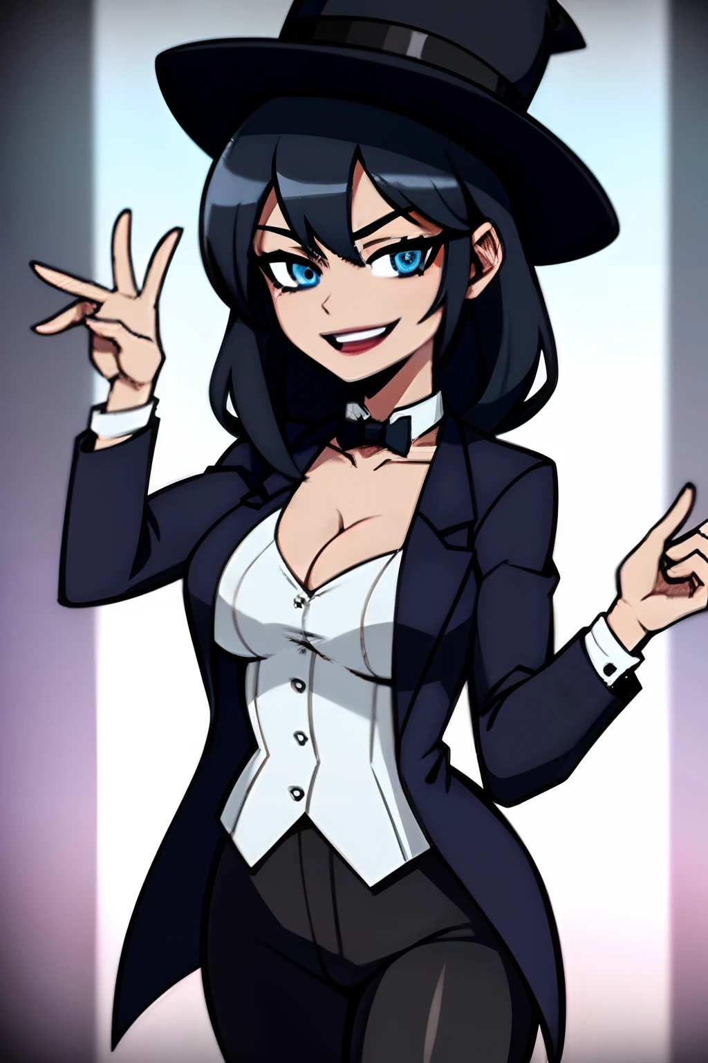 anime girl, dressed like a magician, blue hair, black top hat, smiling, magical assistant, wearing a black blazer, white buttoned shirt, black leggings. body tattoo, 4k good anatomy