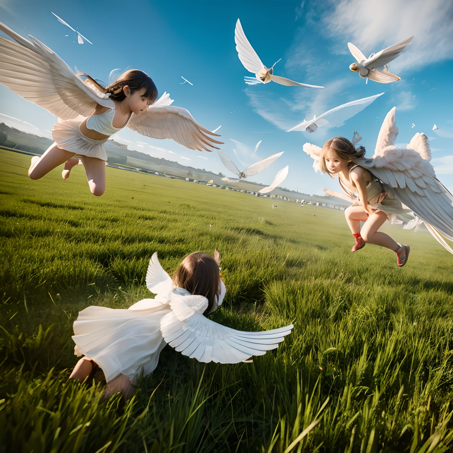 Winged angel children fly over the battlefield