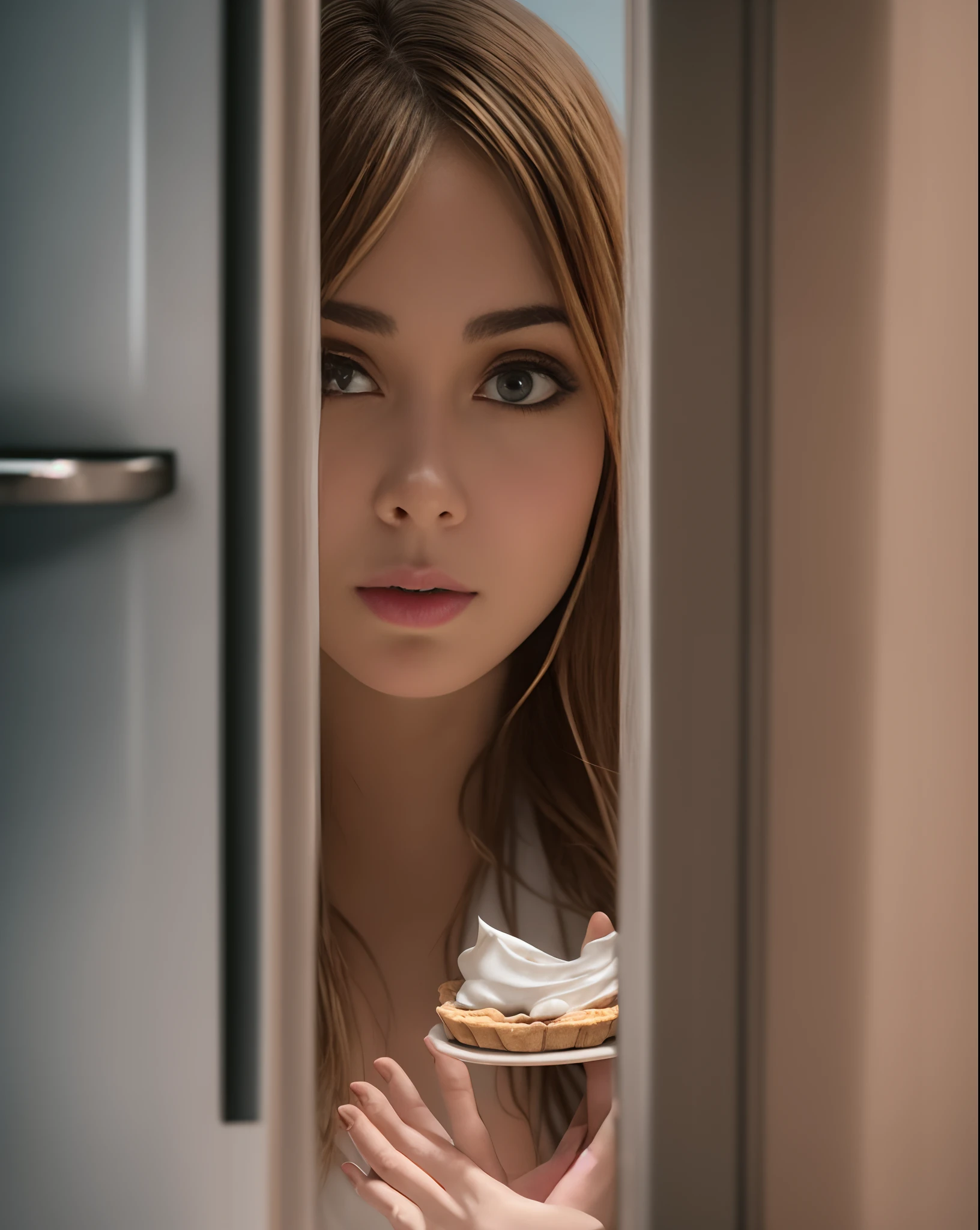 Woman in dim light, refrigerator door partially open, illuminating her face as she enjoys a piece of pie. His eyes are alert, as if he is hearing someone approaching. 8K detail, capturing the textures of food and the expression of surprise and delight on your face. Soft and dramatic lighting, enhancing the contrast between the darkness of the kitchen and the light of the refrigerator. Cinematic photographic style focusing on the emotion of the moment. --auto --s2