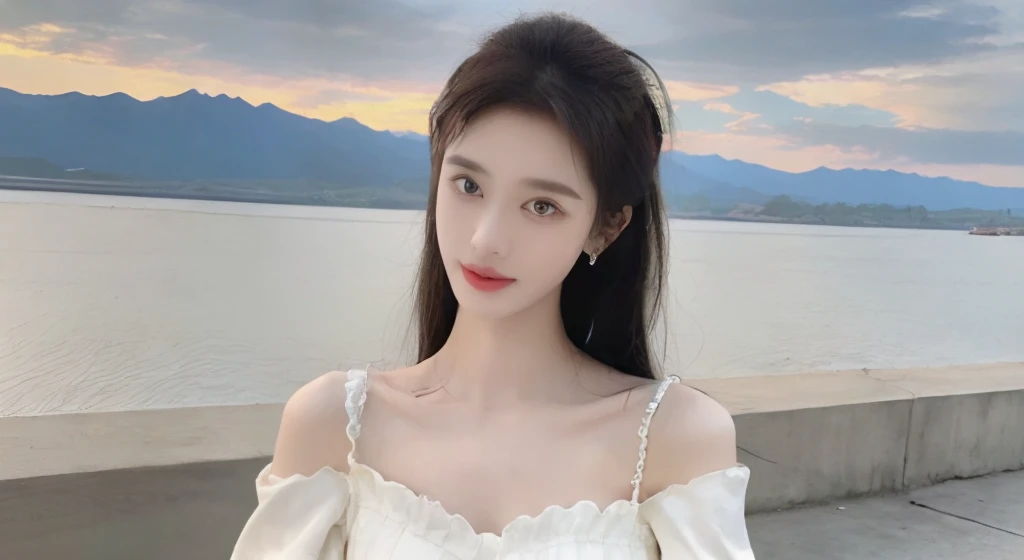 ulzang-6500-v1.1,(RAW photo:1.2), (Photorealistic:1.4), Beautiful Meticulous Girl, very detailed eyes and faces, Beautiful detailed eyes, absurderes, unbelievable Ridiculous, hugefilesize, ultra - detailed, A high resolution, The is very detailed，best qualtiy，tmasterpiece，kemomimi，illustratio，The is very detailed，CG，unified，8k 壁纸，Amazing Cleavage，finely detailled，tmasterpiece，best qualtiy，The is very detailed的 CG unified 8k 壁纸，light in face，cinmatic lighting, best qualtiy, Full body like，Refined face，18-year-old girl，Slim body，Smaller bust，Beige off-the-shoulder chiffon shirt，short  skirt，（（Jiangmen Taishan Xiachuandao Beach）），（（Wet clothes））