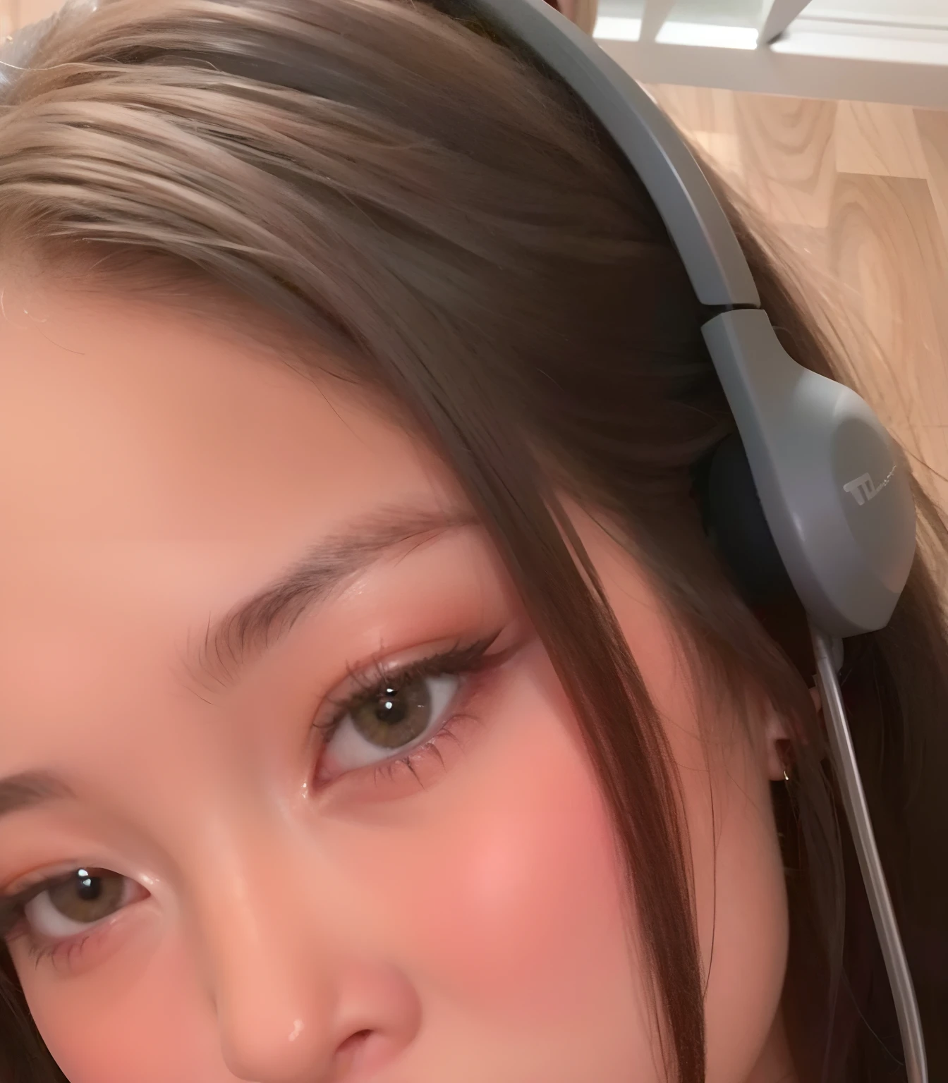 There's a young woman wearing headphones and a pink shirt, anime vibes, imagem de qualidade muito baixa, close up de uma jovem garota de anime, com fones de ouvido, com fones de ouvido, usando fones de ouvido de gato, qualidade muito baixa, taken in the early 2020s, foto de perfil 1024px, fechar o rosto, Asian face