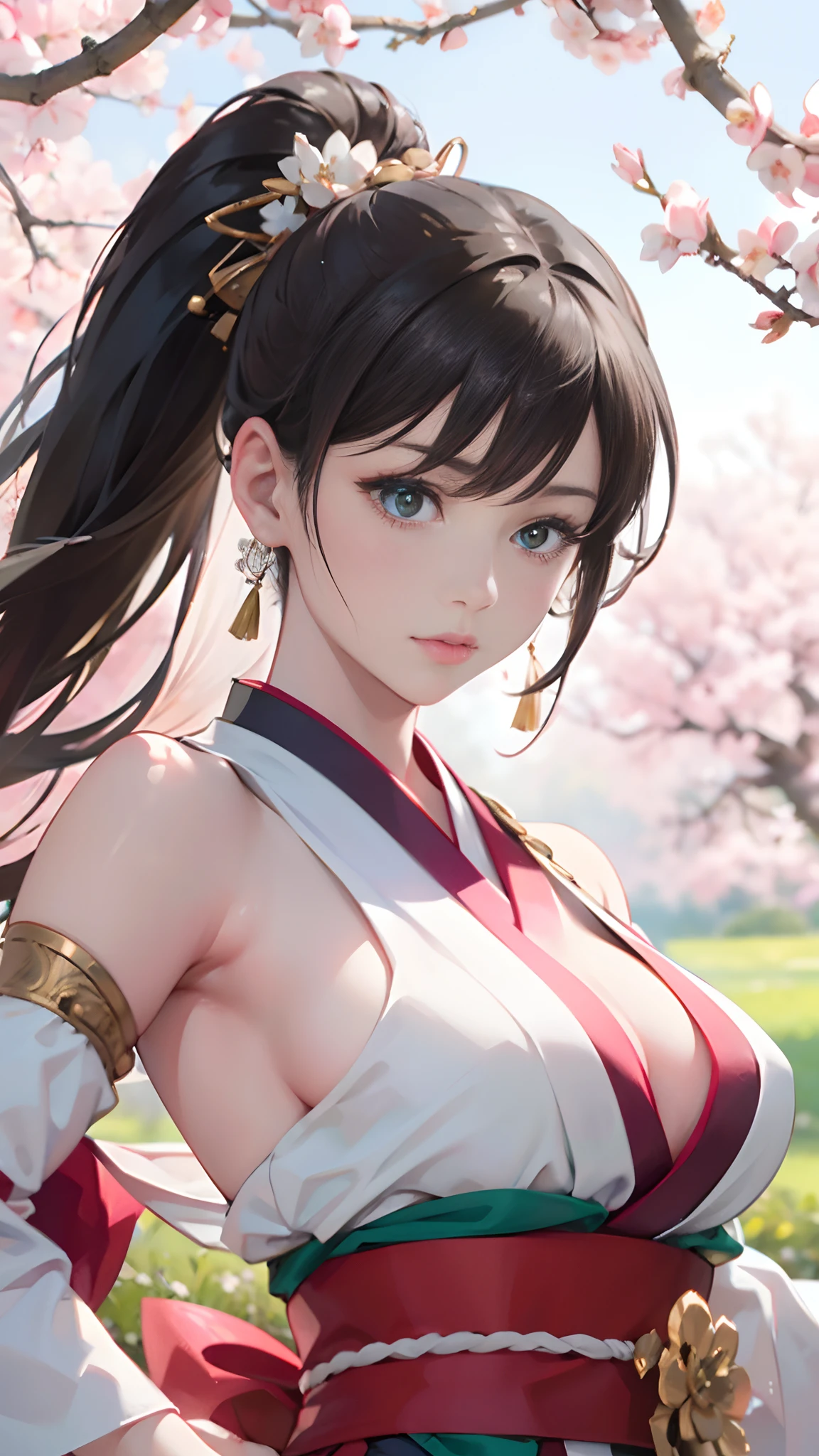 (Best quality,4K,8K,A high resolution,Masterpiece:1.2),Ultra-detailed,(Realistic,Photorealistic,photo-realistic:1.37),illustration,Sexy spring beauty with torn clothes,komono,Beautiful detailed eyes,beautiful detailed lips,Extremely detailed body,Impressive muscles,Long eyelashes,Fierce expression,Flowing hair,battle scars,Stand in the lush garden,She is surrounded by cherry blossoms,The soft sunlight casts a warm glow,Create a fantastic atmosphere,Vivid colors,Stylish pose,powerful stance,Japanese aesthetics,Red and pink splashes,Subtle gradients of green and blue,Cherry blossom petals slowly fall,radiating energy,Surrounded by a breeze,The leaves rustle,Delicate texture on clothes,Express strength and elegance,Create a sense of movement and determination,Her costume contrasts with the tranquil garden backdrop,Epic and captivating scenes.