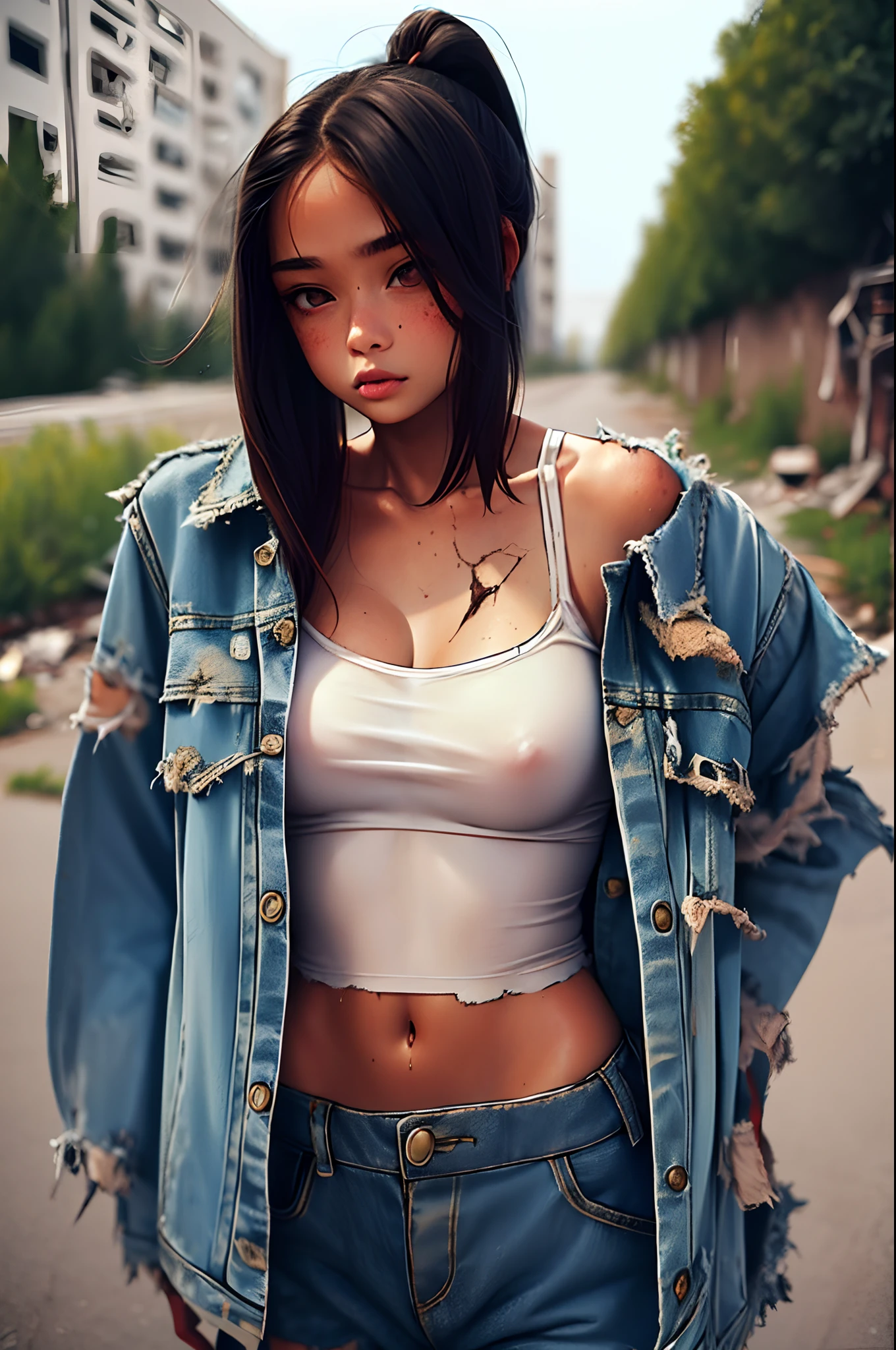1girl, SURVIVORS-CLOTHES, standing, upper body, Tattered clothes, clothes that have deteriorated over time, clothes that are torn here and there,